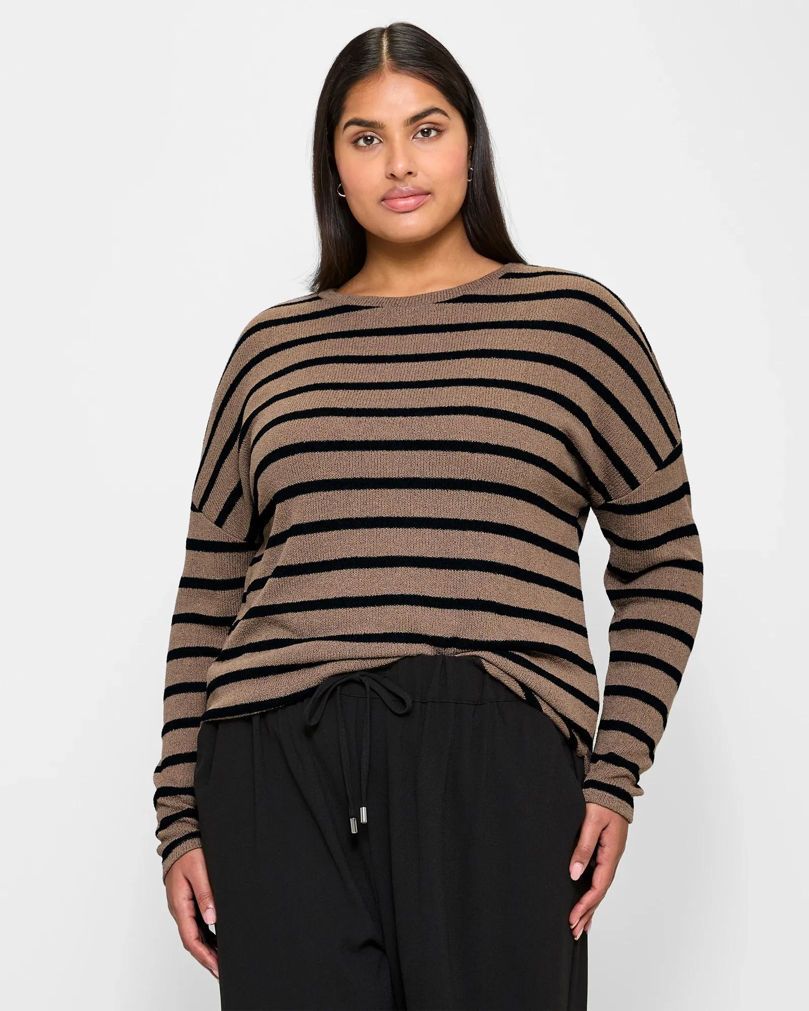 popular  Plus Size 3/4 Sleeve Textured Top - Mocha/Black Stripe