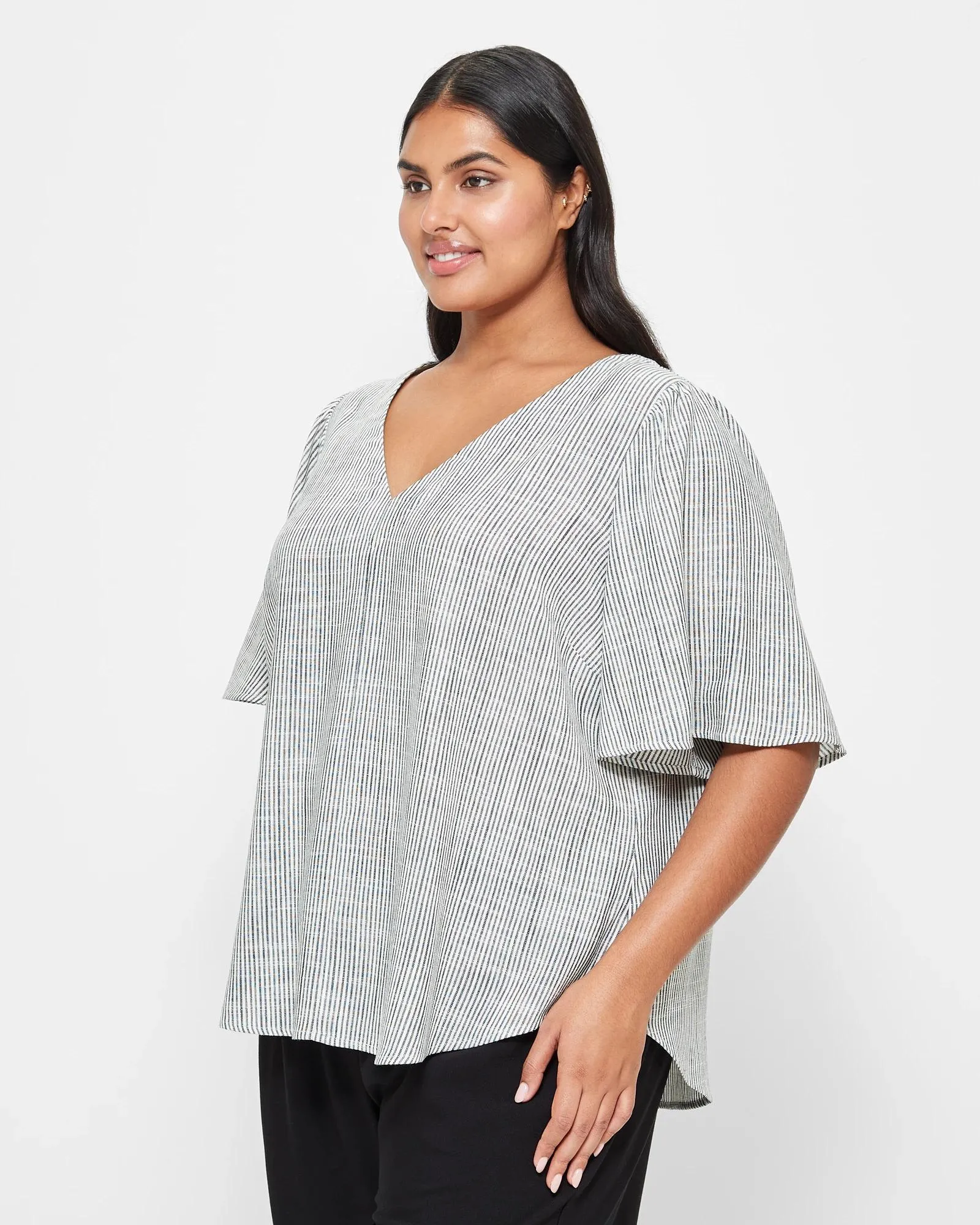 popular  Plus Size Linen Blend V-Neck Top - White/Navy Stripe