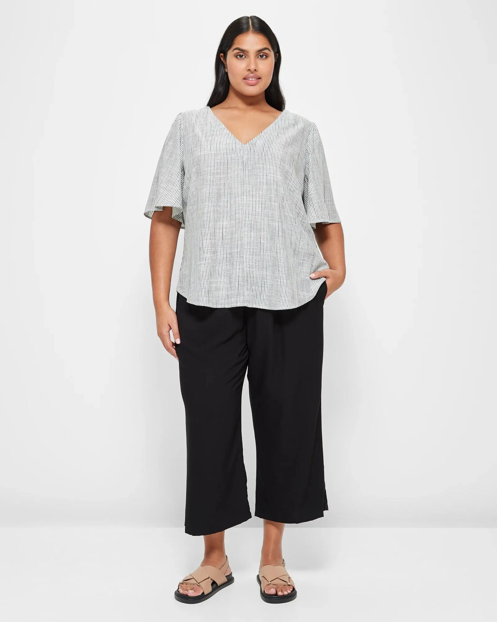 popular  Plus Size Linen Blend V-Neck Top - White/Navy Stripe
