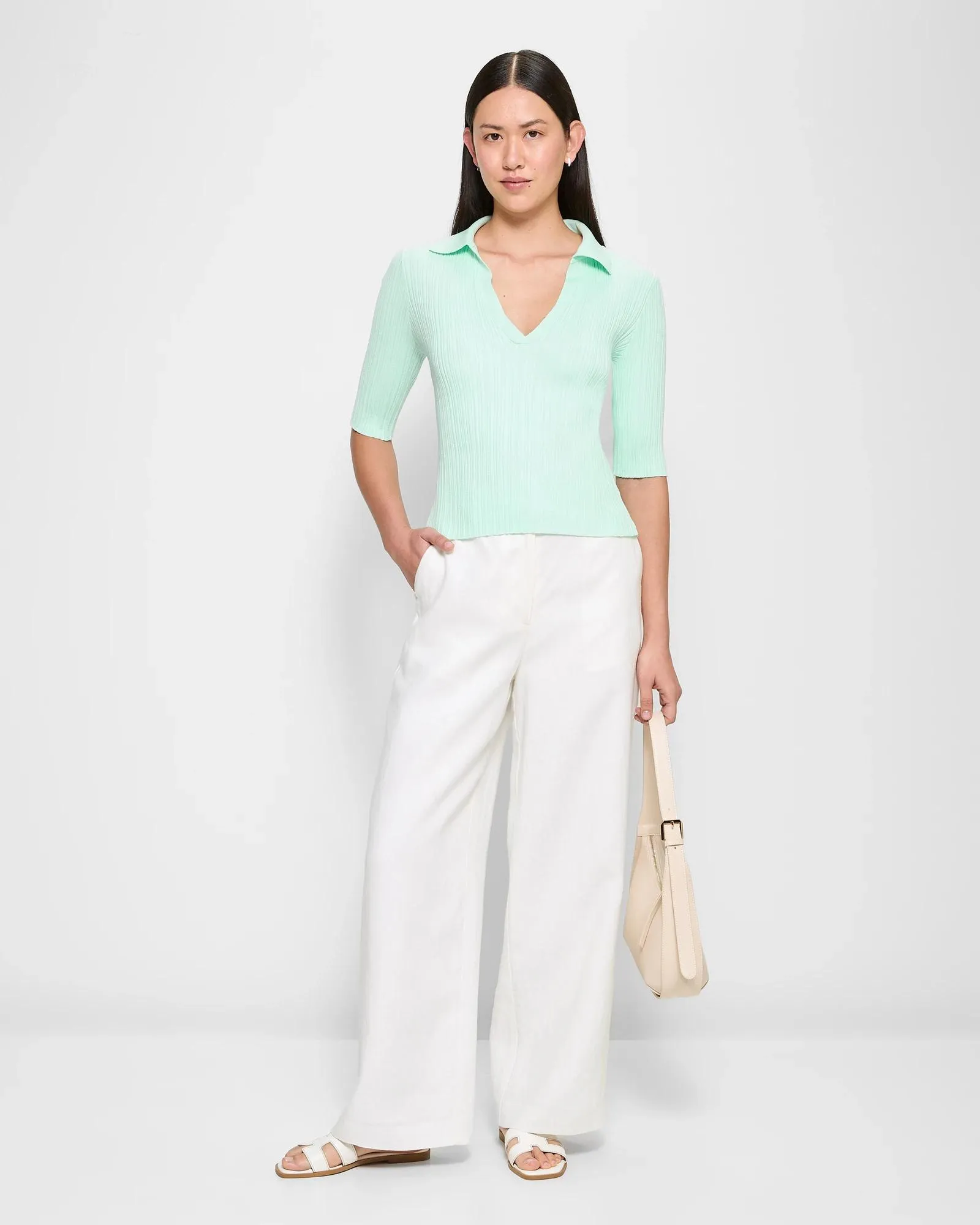 popular  Rib Notch Collar Neck Knit Top - Preview - Opal Mint