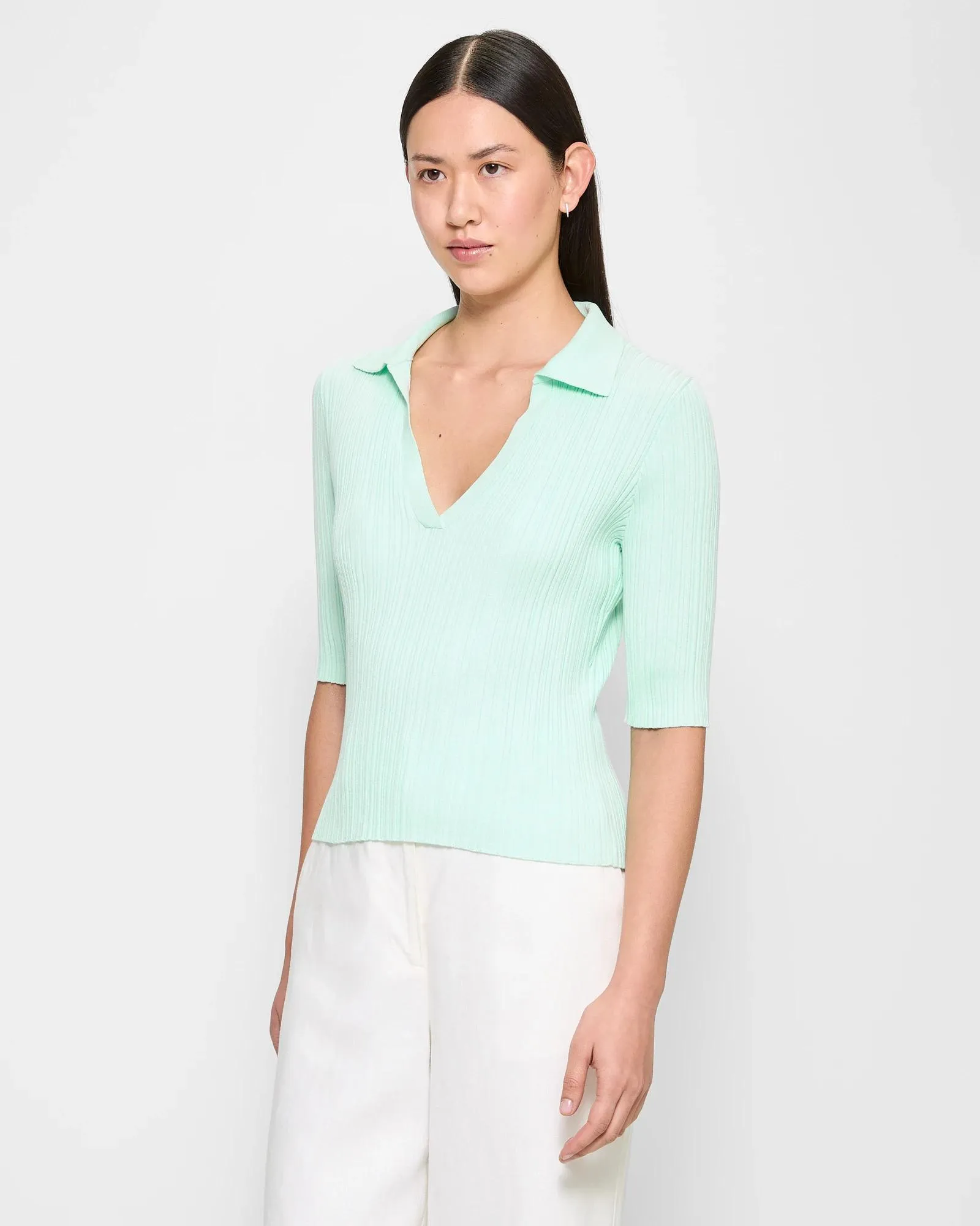 popular  Rib Notch Collar Neck Knit Top - Preview - Opal Mint