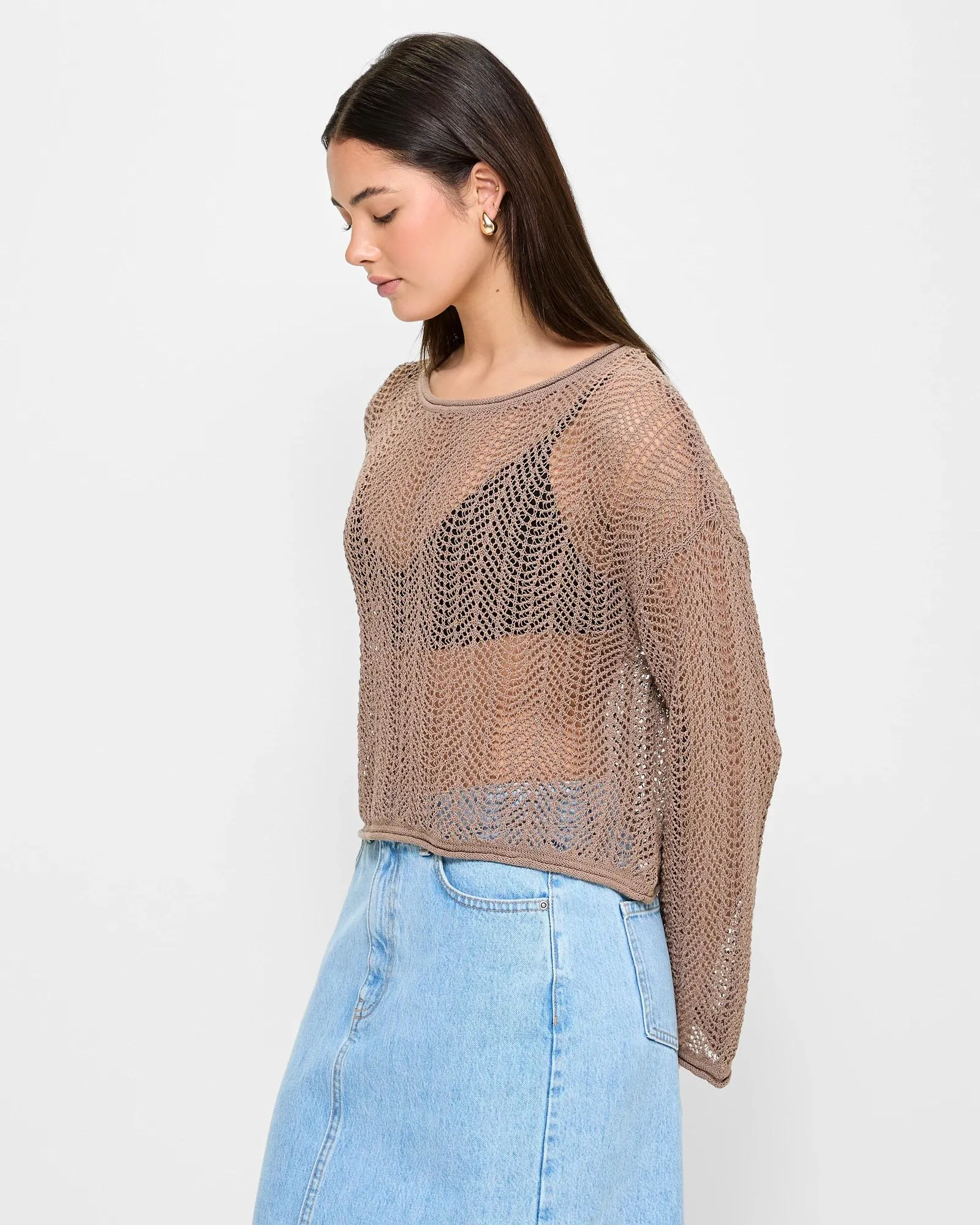 popular  Slouchy Crochet Jumper - Lily Loves - Fossil