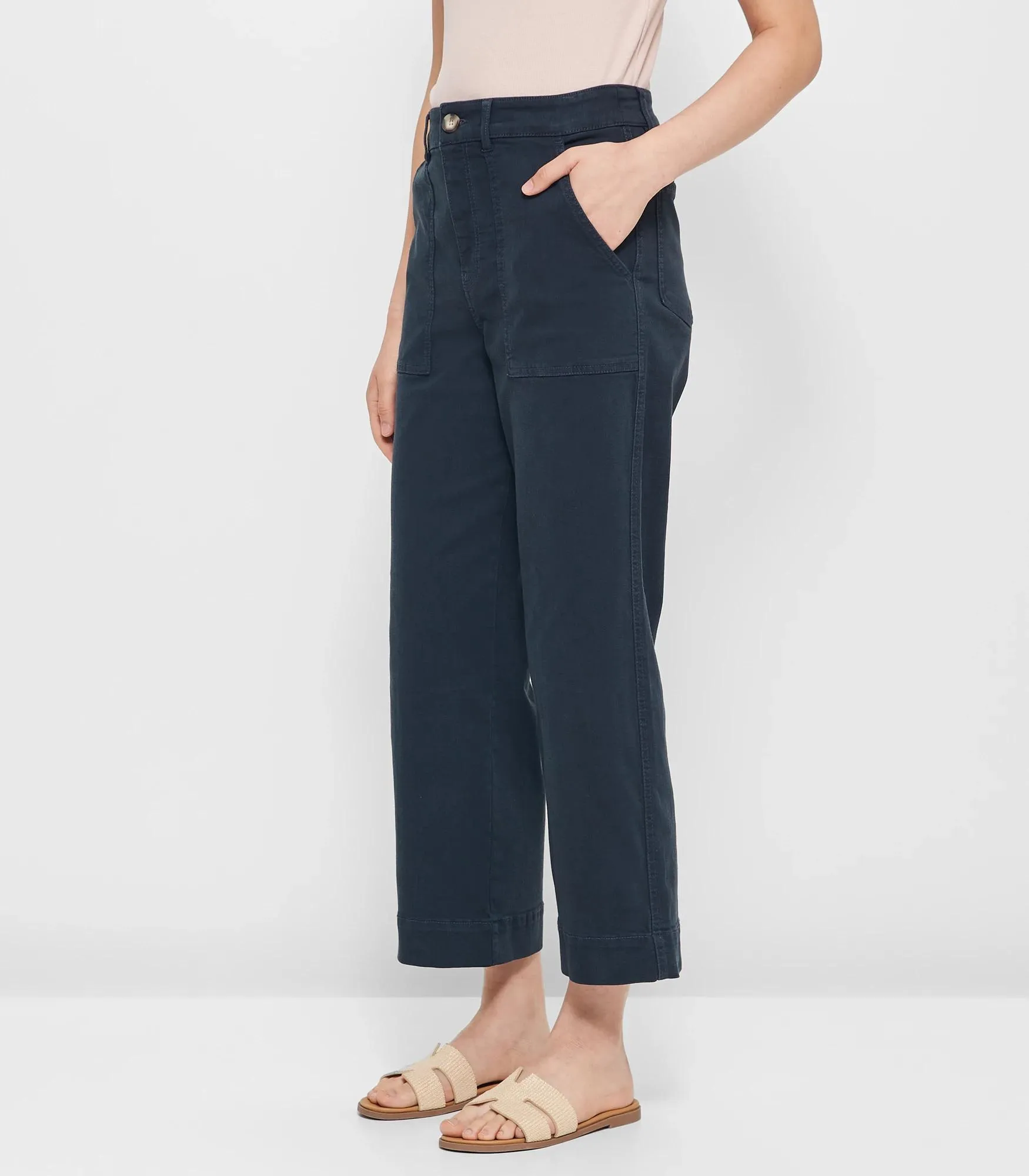 popular  Stretch Wide Leg Twill Pants - Night Sky Blue
