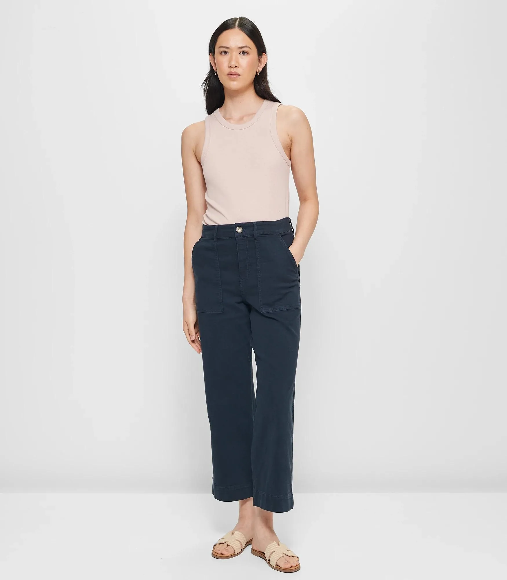 popular  Stretch Wide Leg Twill Pants - Night Sky Blue