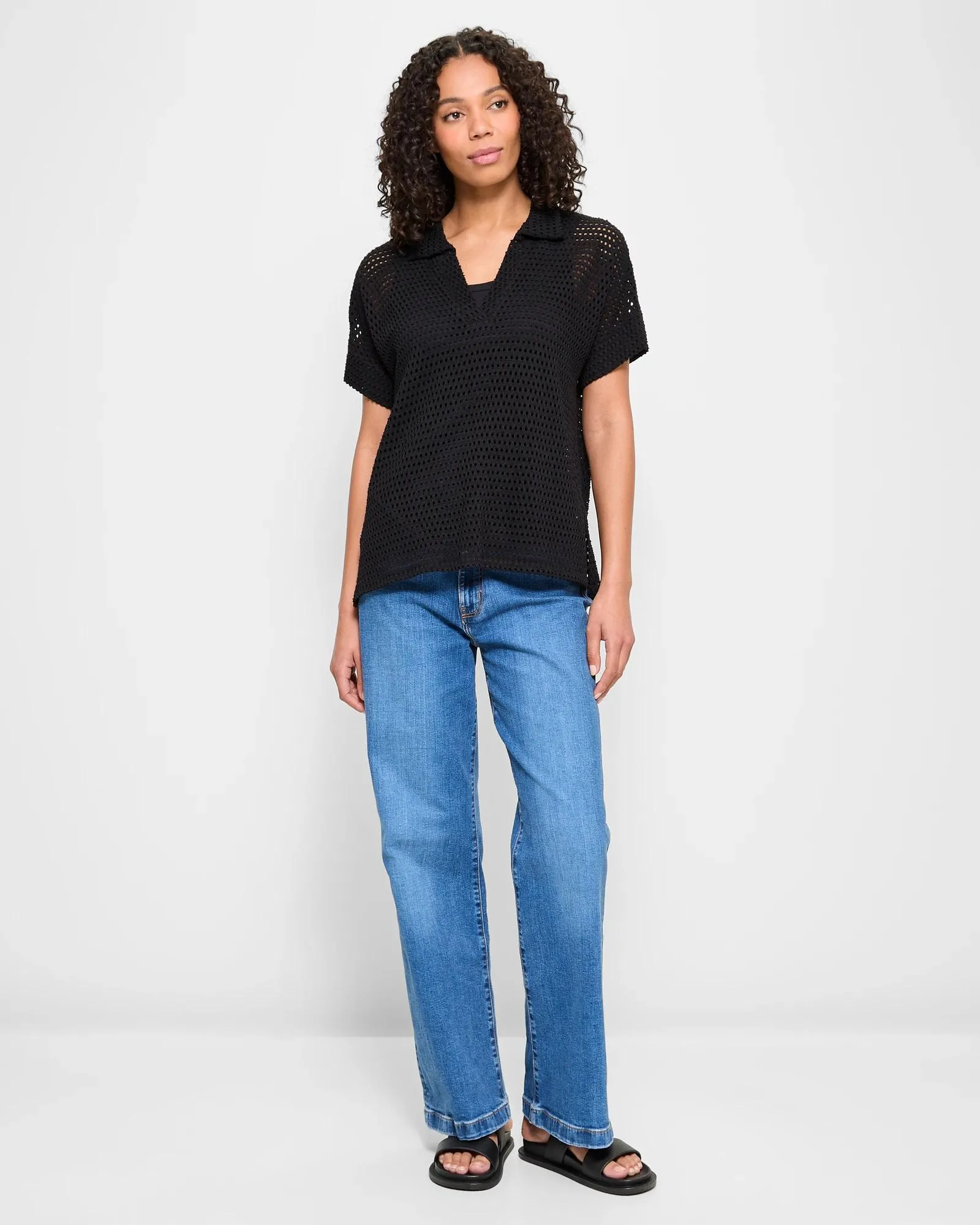popular  Textured Summer Polo Top - Black