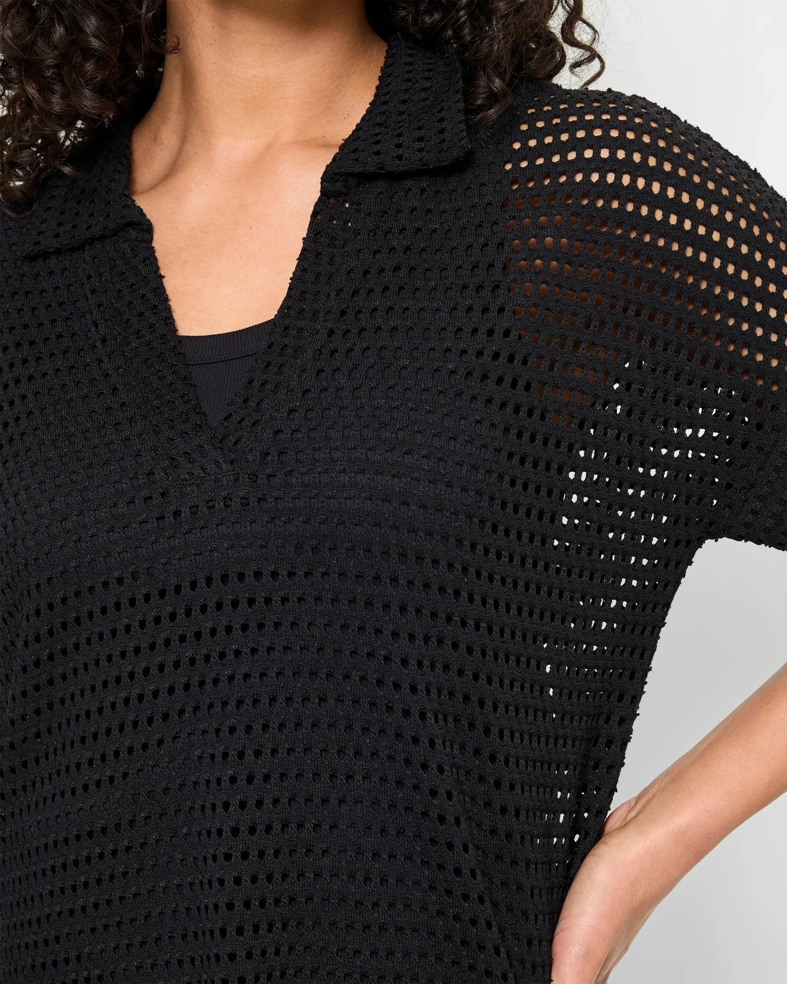 popular  Textured Summer Polo Top - Black