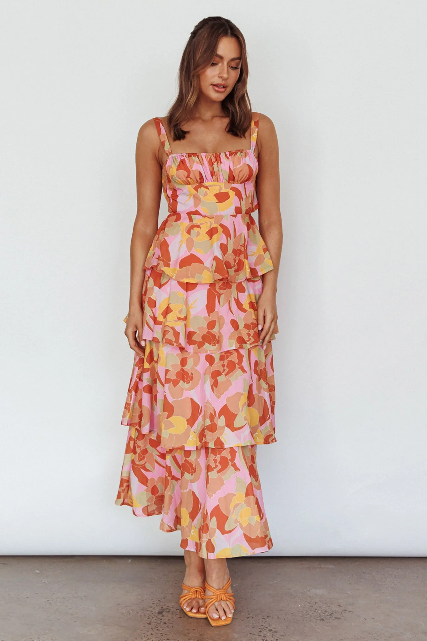 Provence Bloom Tiered Midi Dress Abstract Pink Multi