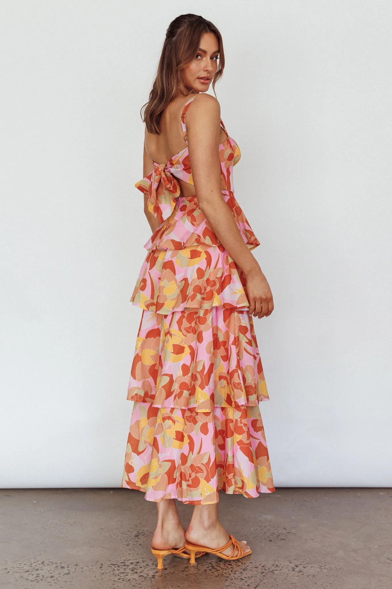 Provence Bloom Tiered Midi Dress Abstract Pink Multi
