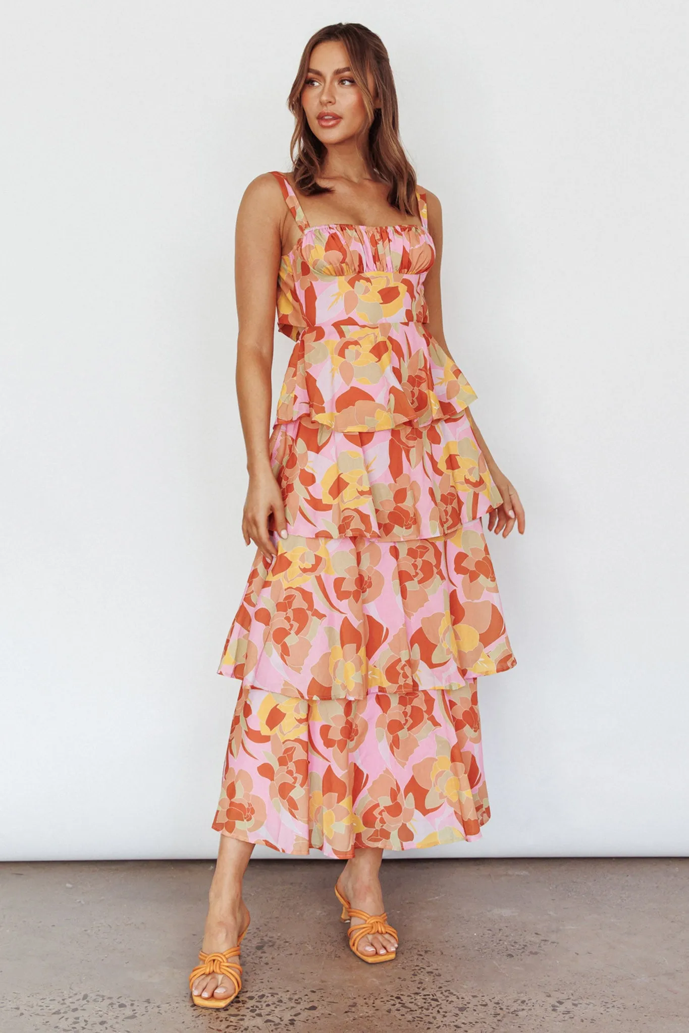 Provence Bloom Tiered Midi Dress Abstract Pink Multi