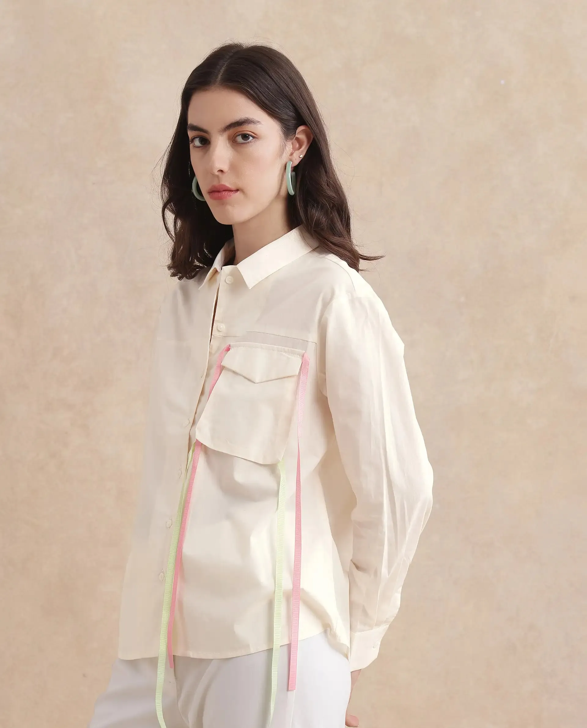 Rareism Women Fetopl Beige Cuffed Sleeve Collared Neck Boxy Fit Graphic Print Shirt