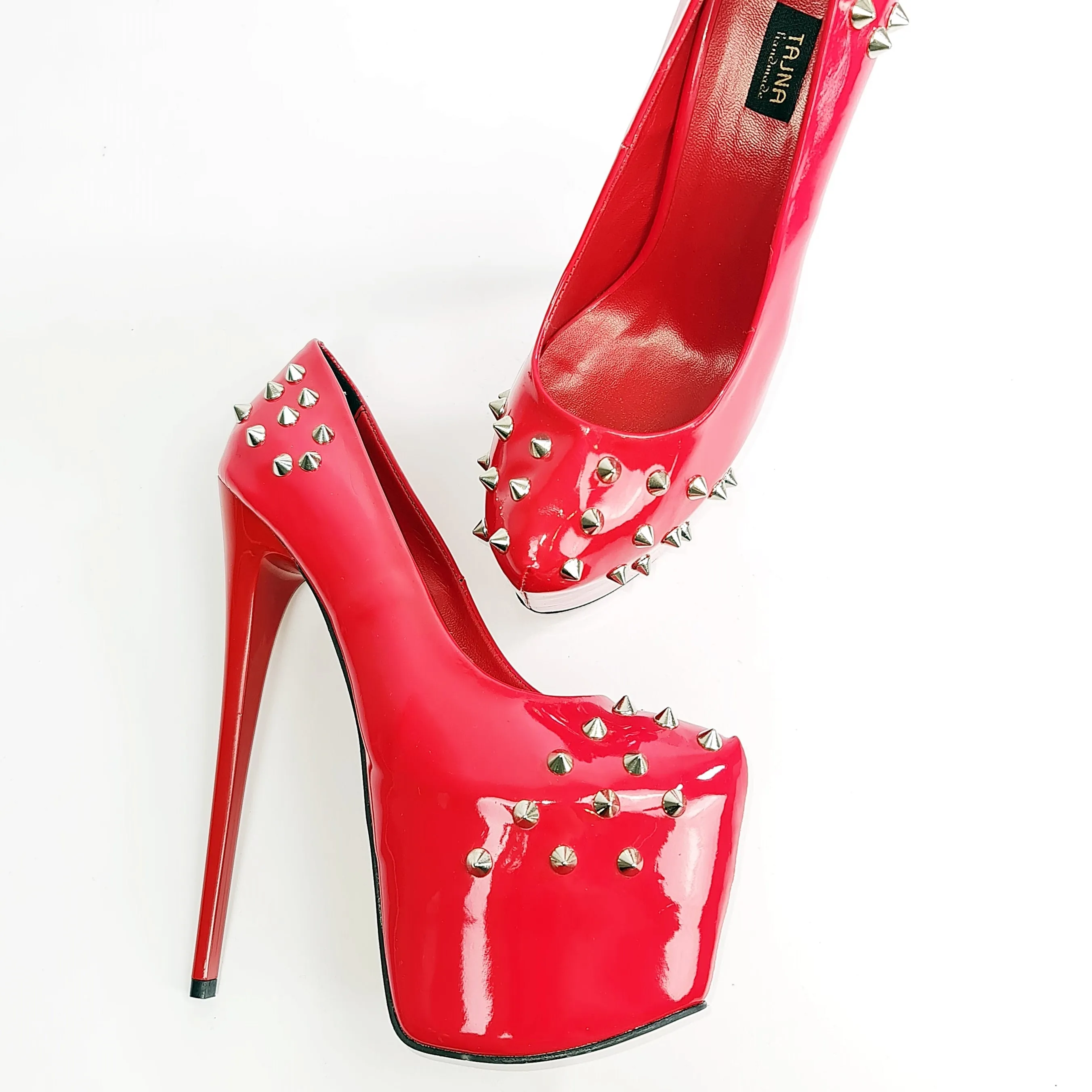 Red Gloss Spike Studded High Heels