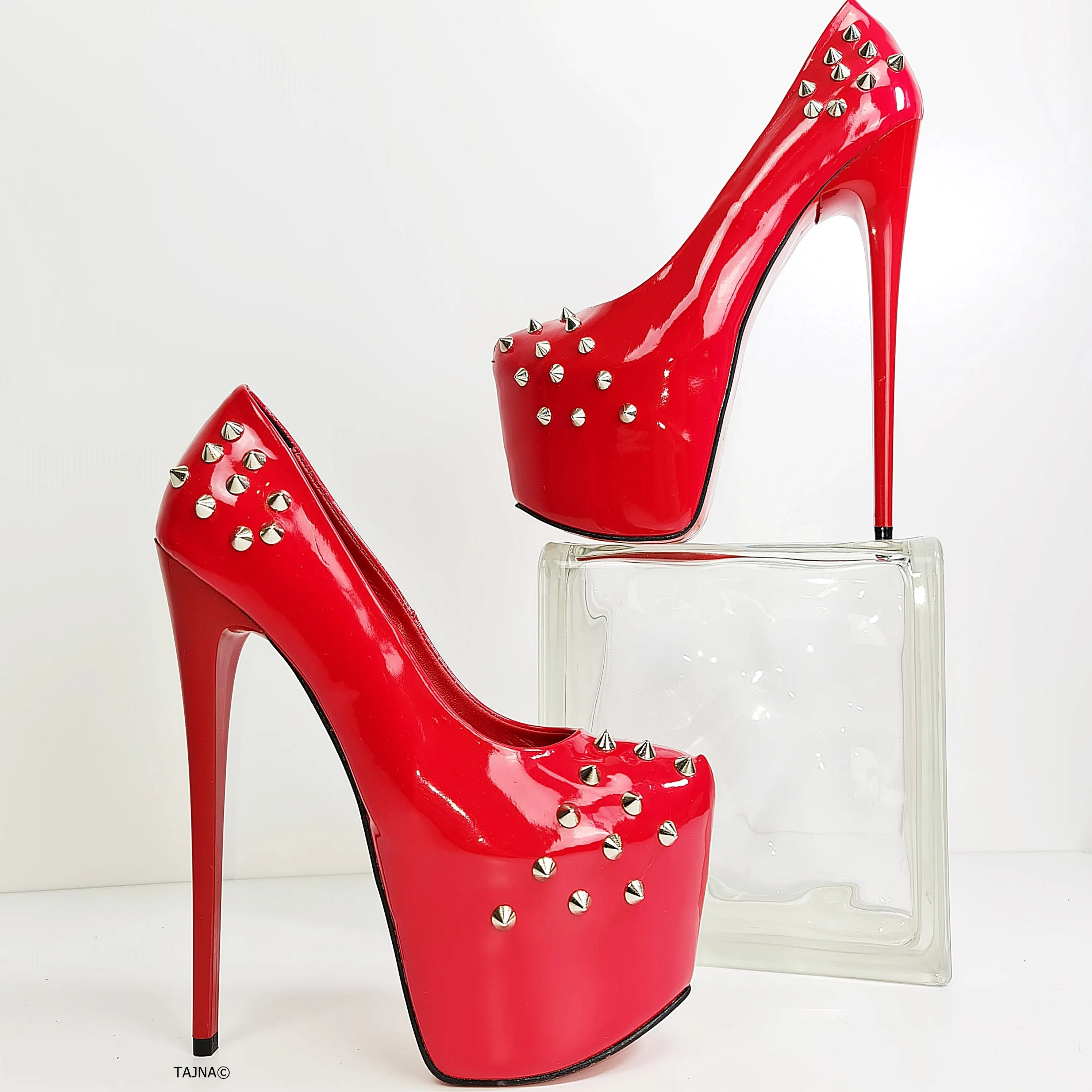 Red Gloss Spike Studded High Heels