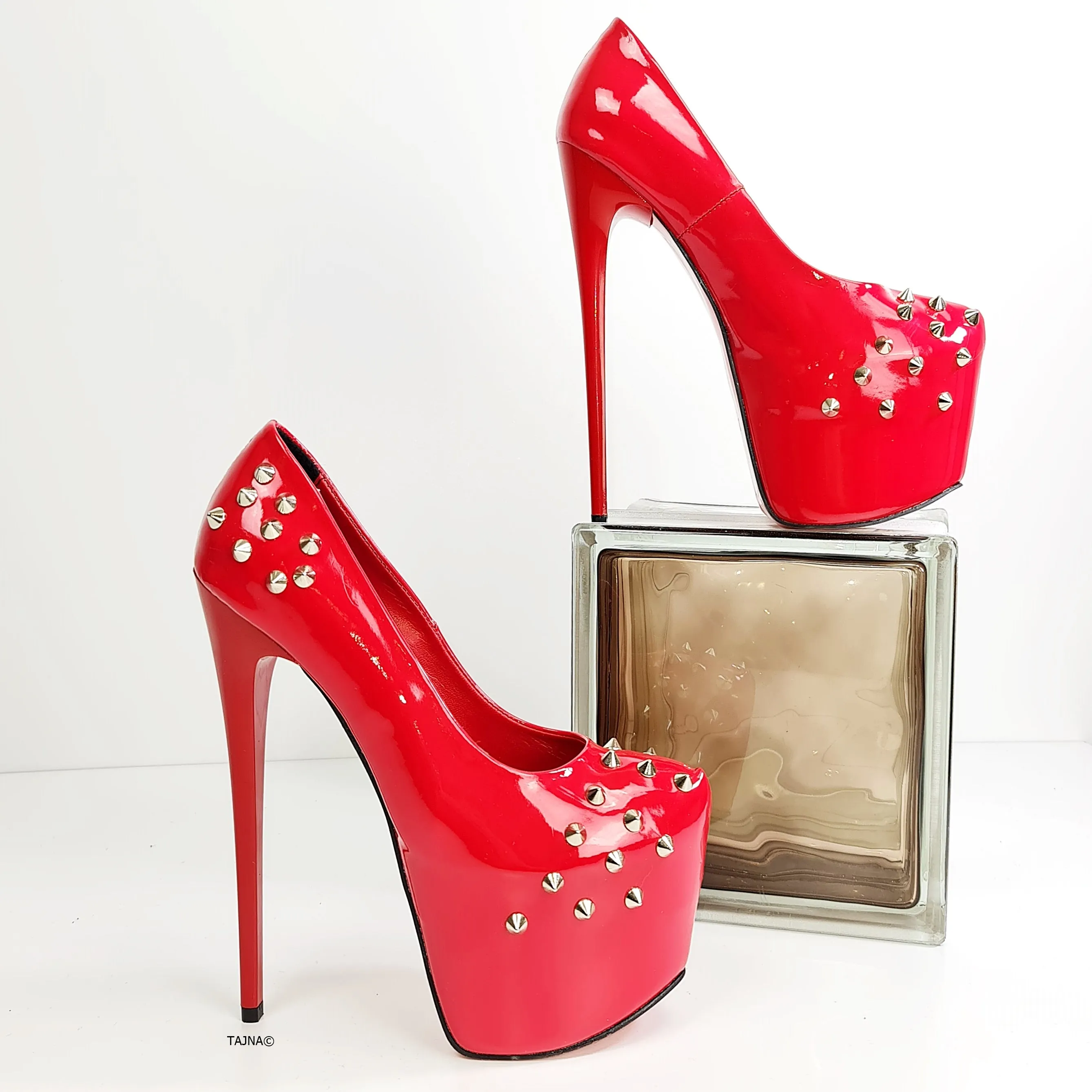 Red Gloss Spike Studded High Heels