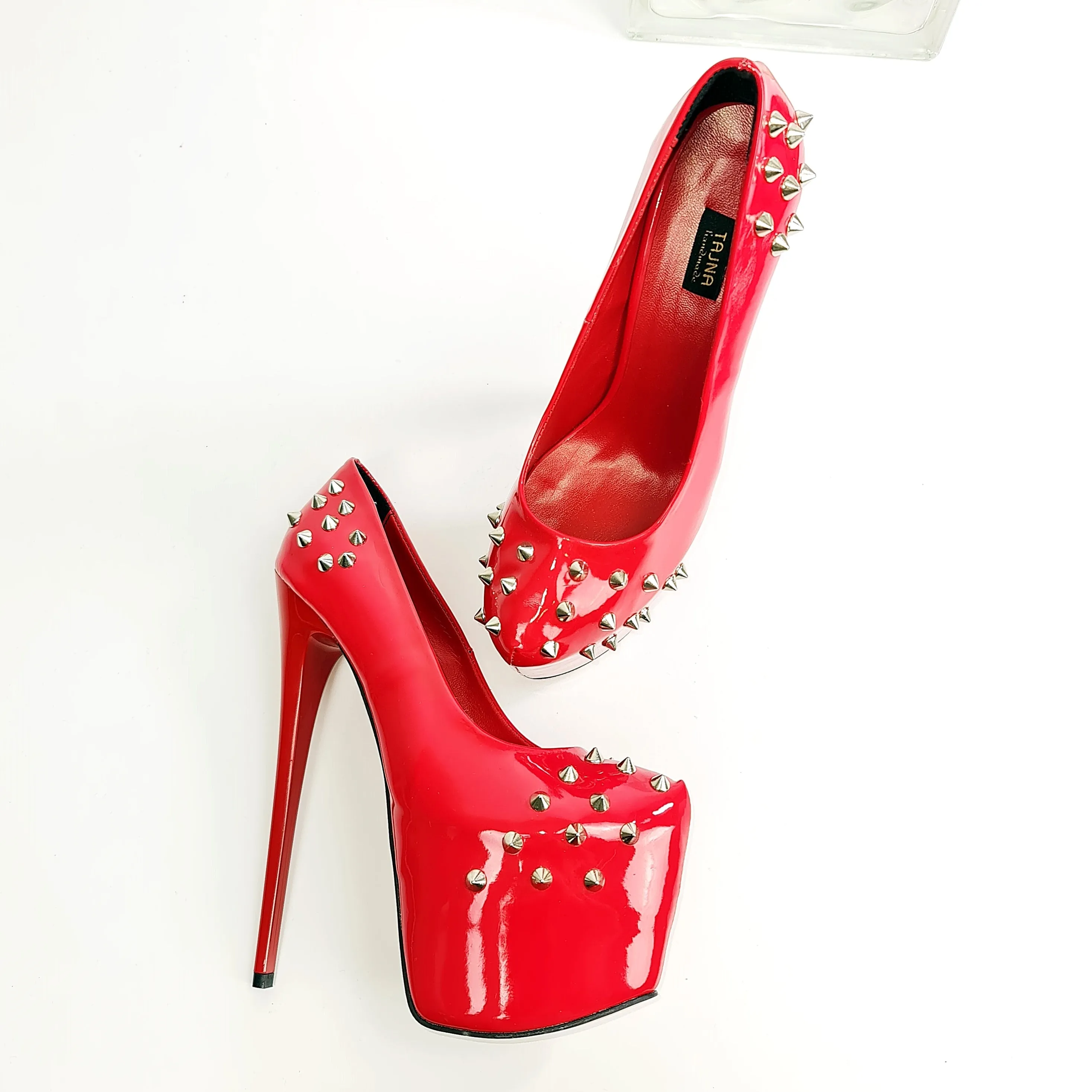 Red Gloss Spike Studded High Heels