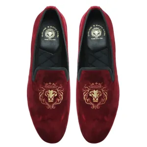 Red Velvet/Golden Lion King Embroidery Slip-On Shoes By Brune & Bareskin