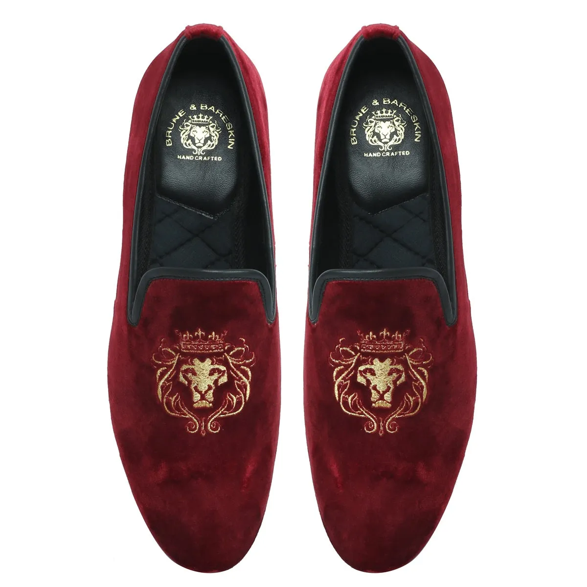 Red Velvet/Golden Lion King Embroidery Slip-On Shoes By Brune & Bareskin