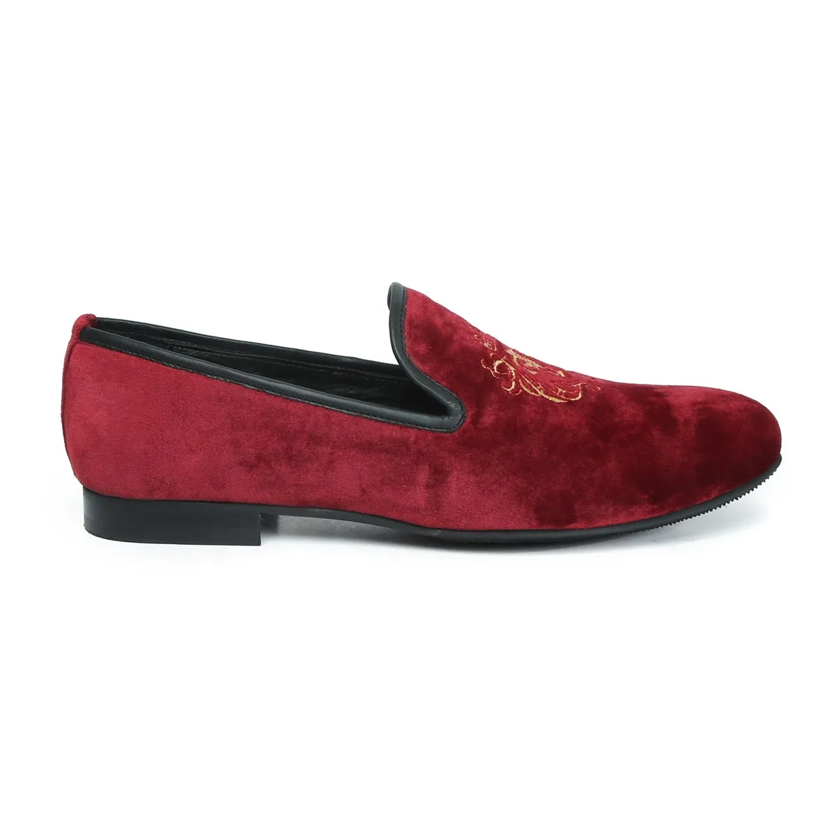 Red Velvet/Golden Lion King Embroidery Slip-On Shoes By Brune & Bareskin