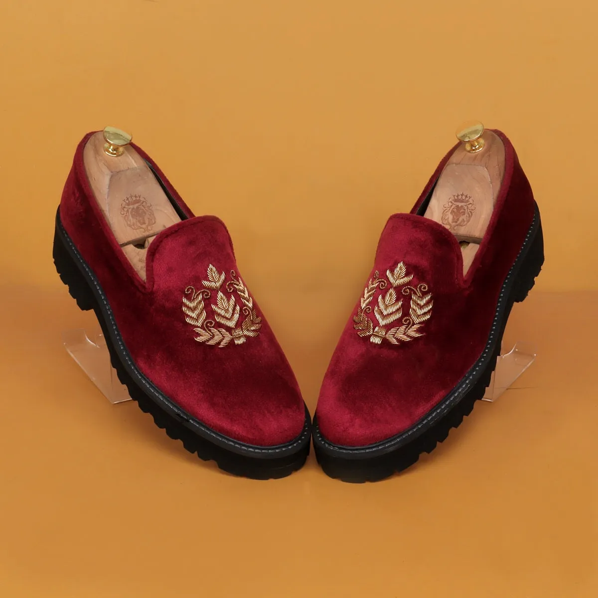 Red Zardosi Slip-On Shoes with Customized Light Weight Chunky Sole
