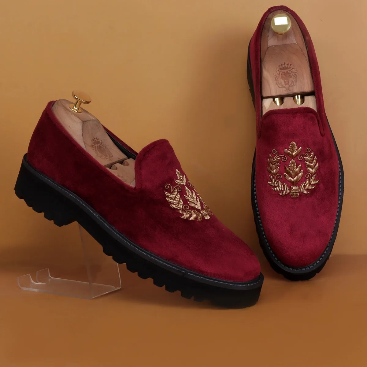 Red Zardosi Slip-On Shoes with Customized Light Weight Chunky Sole