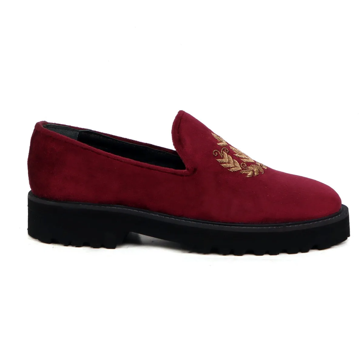 Red Zardosi Slip-On Shoes with Customized Light Weight Chunky Sole