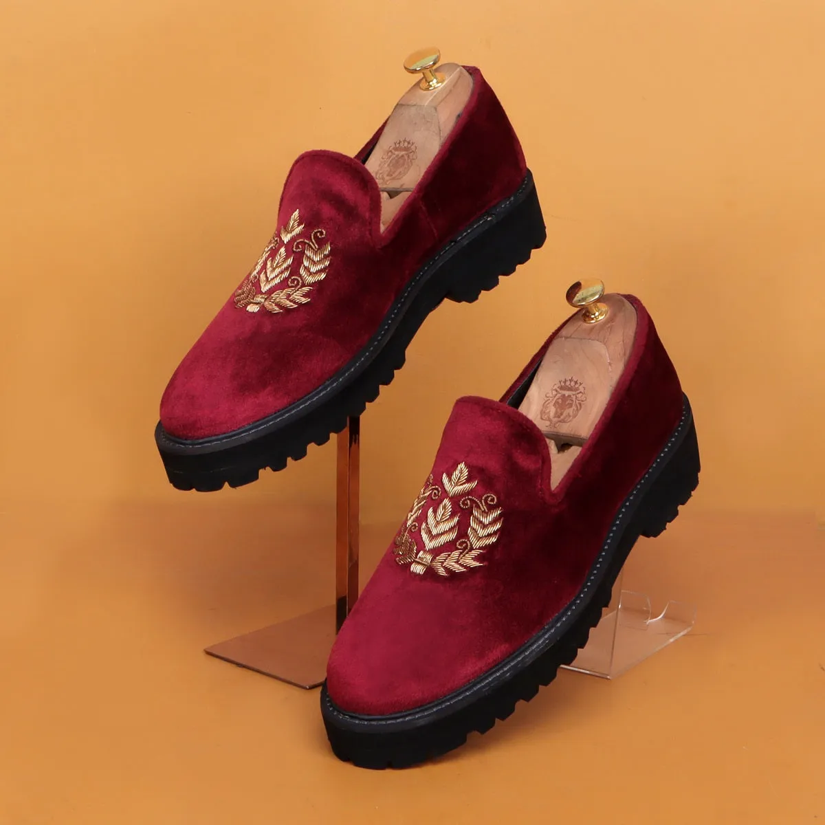 Red Zardosi Slip-On Shoes with Customized Light Weight Chunky Sole