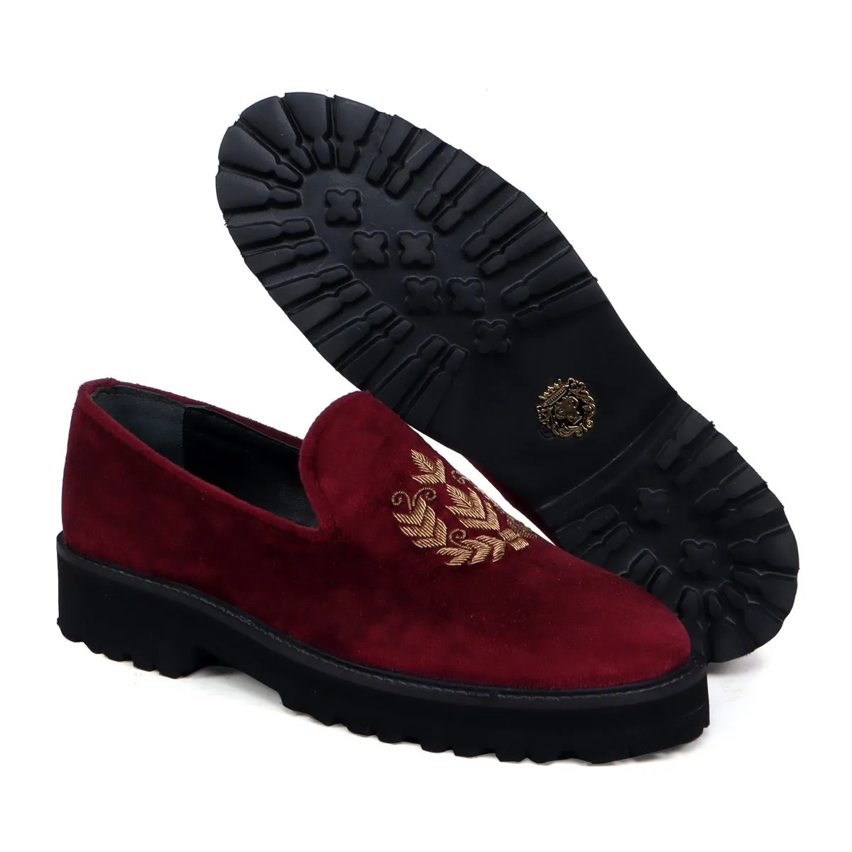 Red Zardosi Slip-On Shoes with Customized Light Weight Chunky Sole