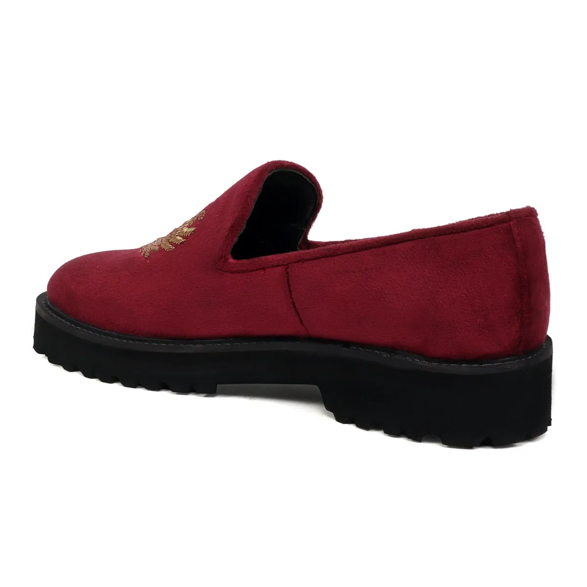 Red Zardosi Slip-On Shoes with Customized Light Weight Chunky Sole