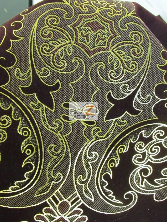 Royal Damask Flocking Velvet Upholstery Fabric / Purple/Gold / Sold By The Yard