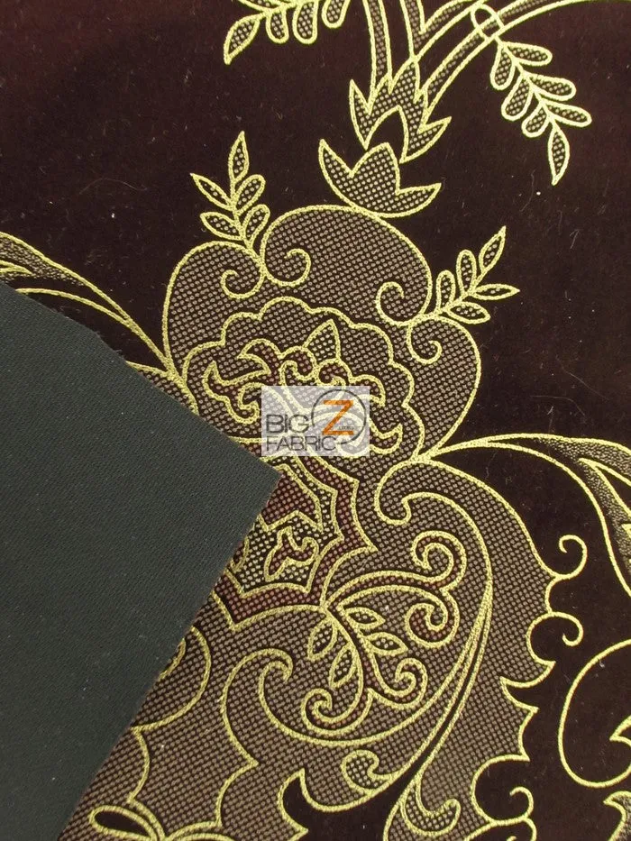 Royal Damask Flocking Velvet Upholstery Fabric / Purple/Gold / Sold By The Yard