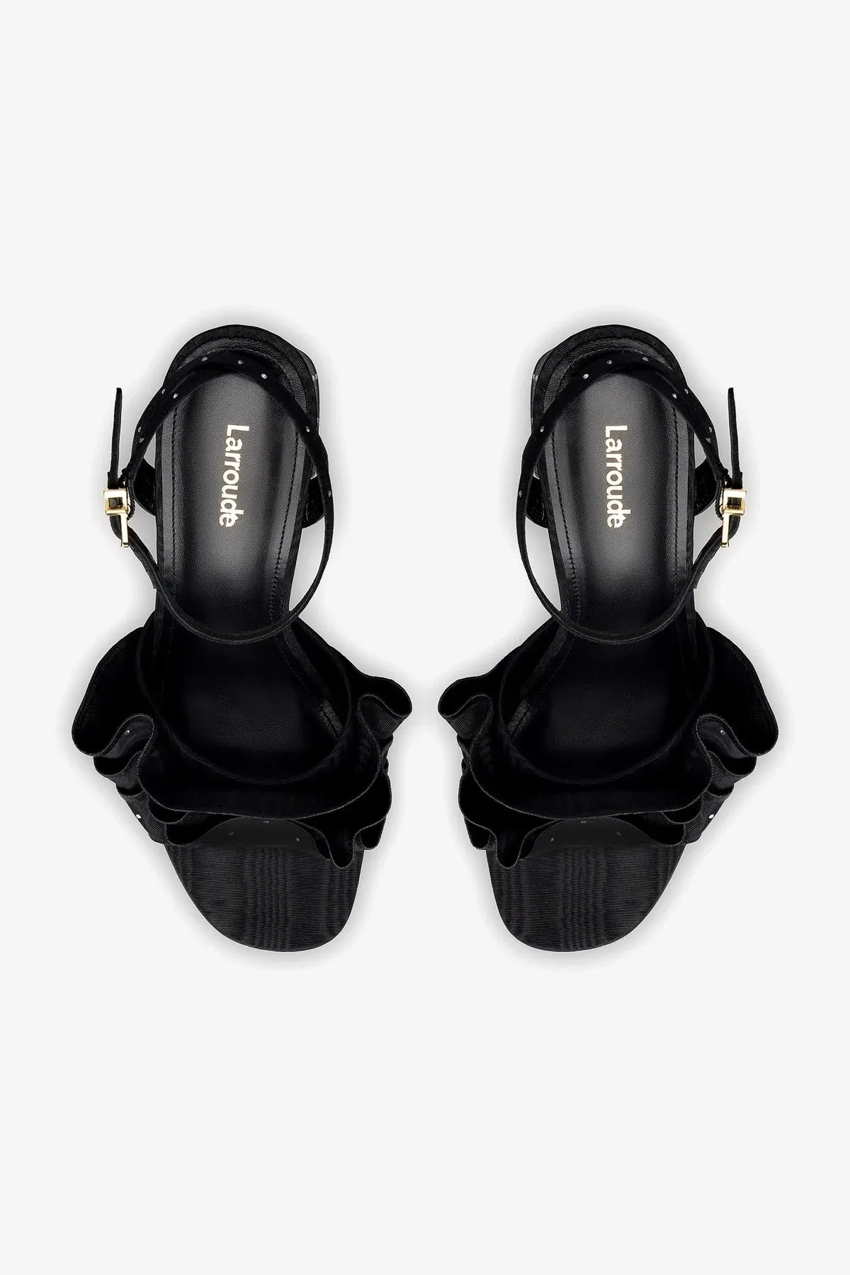 Selena Ruffle Sandal In Black Fabric and Crystals