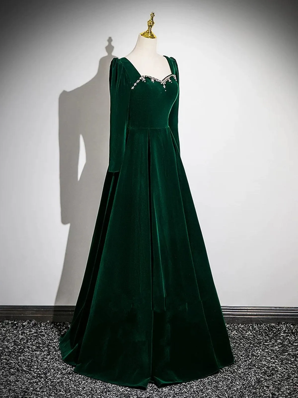 Simple Long Sleeves A-line Green Beaded Prom Dress, Green Velvet Party Dress