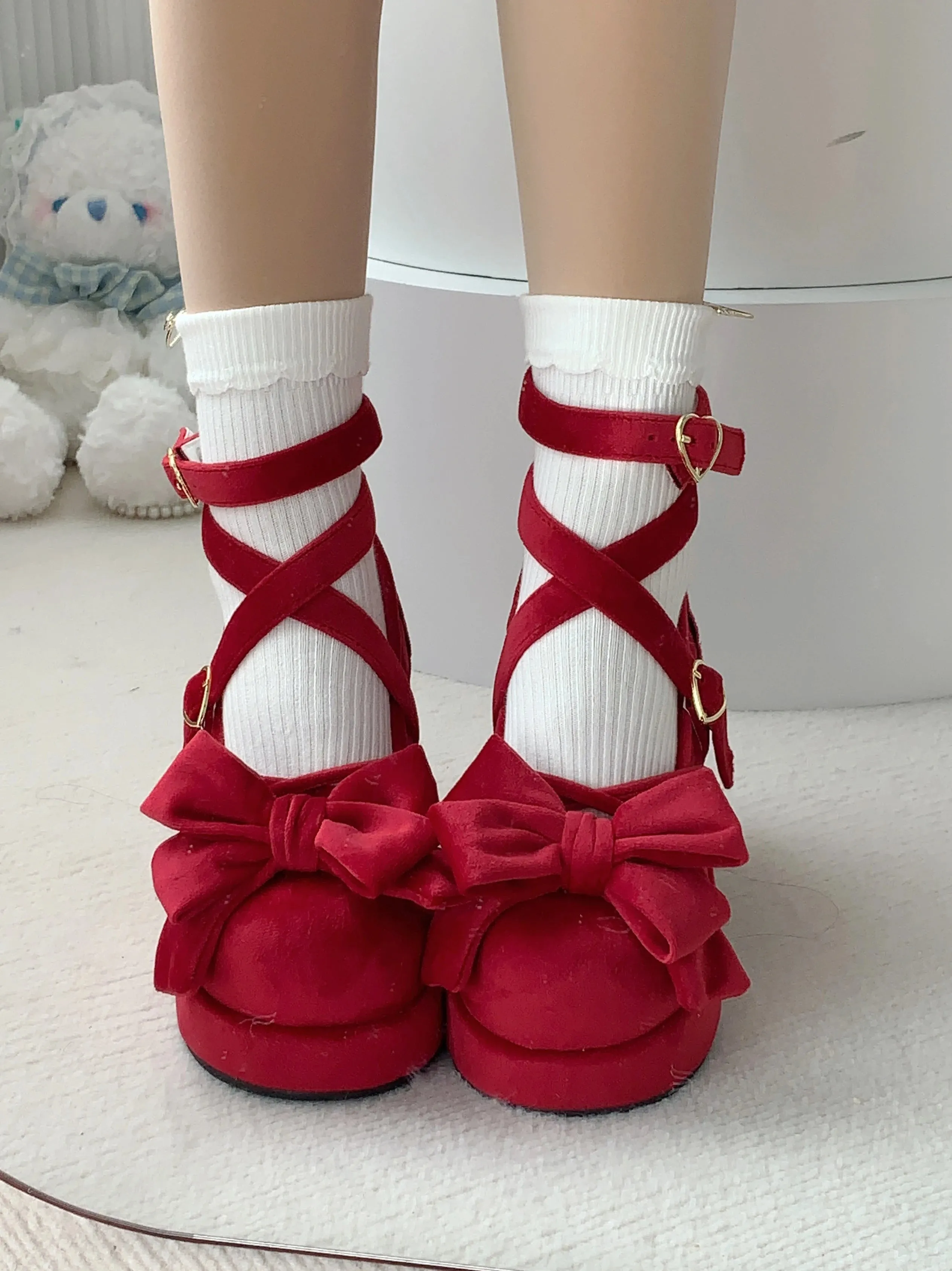 Sohiwoo 2024 New Spring Fall Women's Sweet Lolita Platform Shoes Japanese Style Bow Round Head Thick Bottom Pumps High Heels