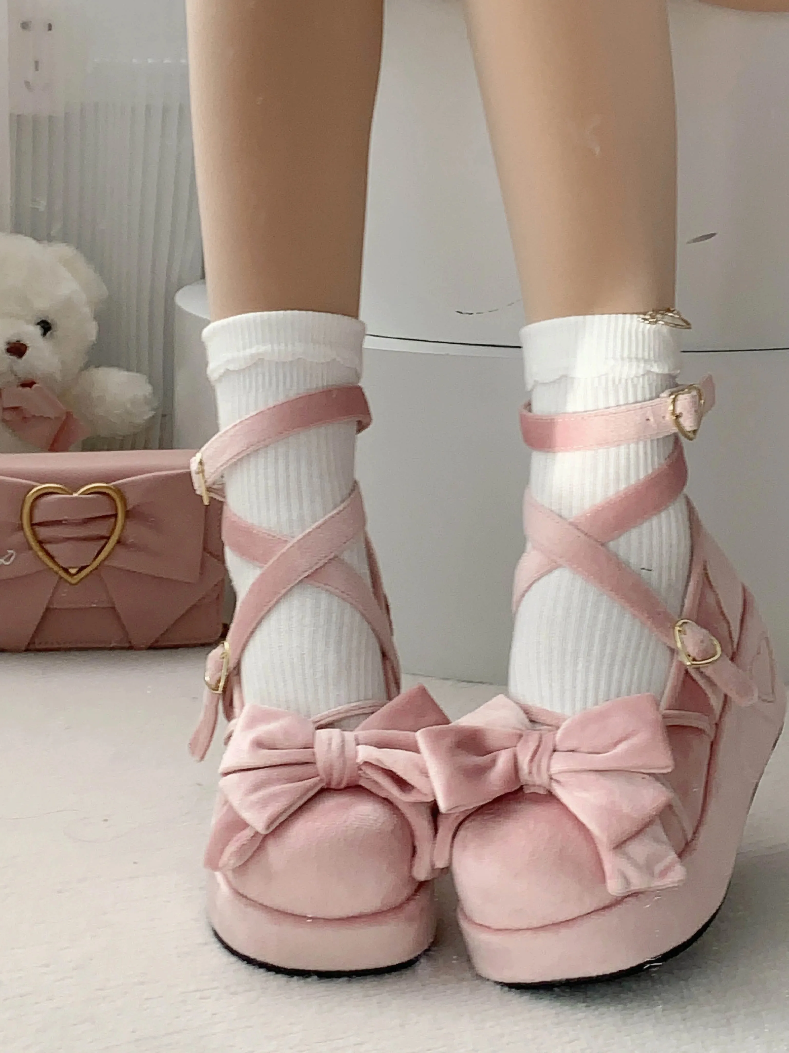 Sohiwoo 2024 New Spring Fall Women's Sweet Lolita Platform Shoes Japanese Style Bow Round Head Thick Bottom Pumps High Heels