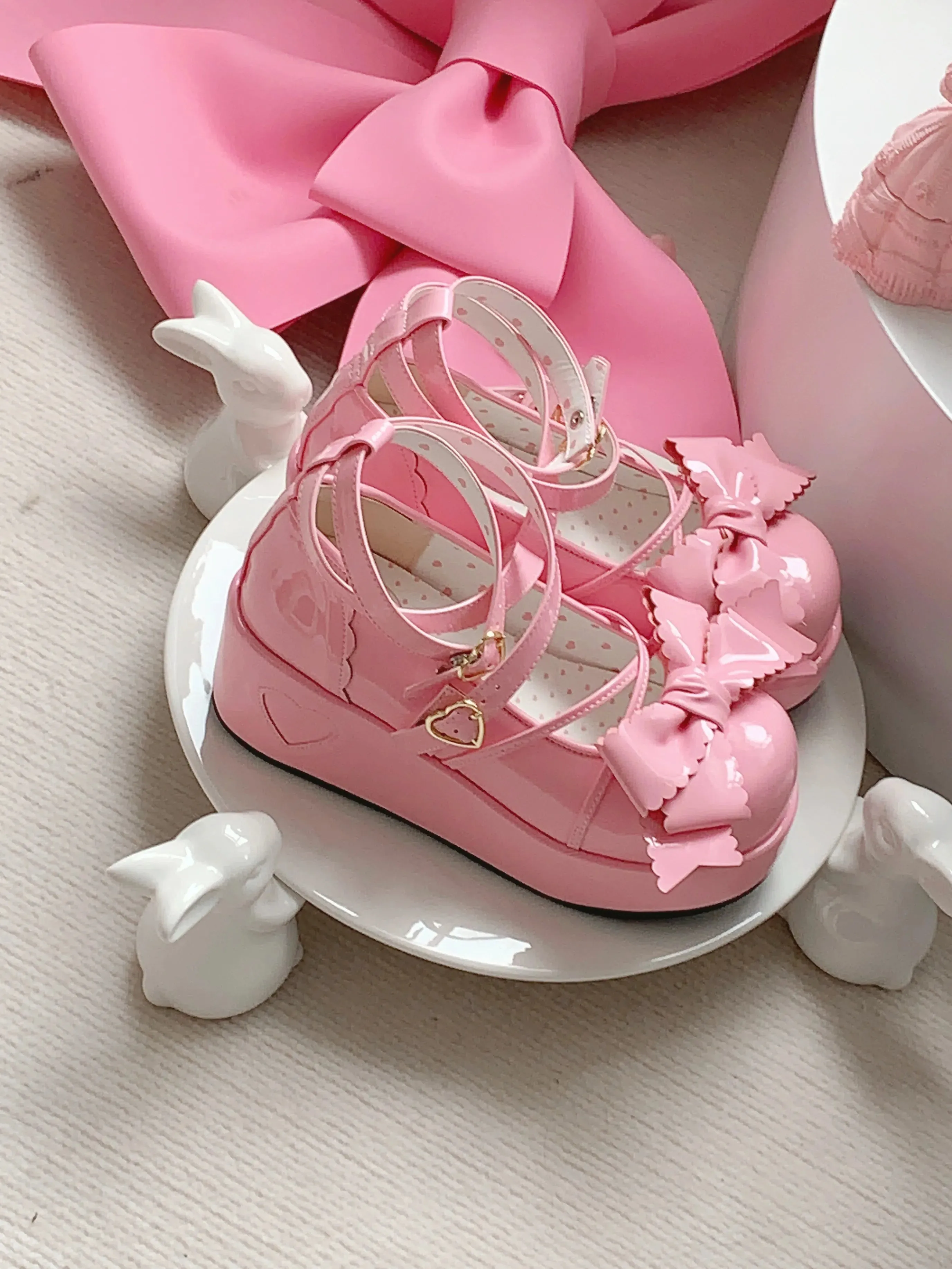 Sohiwoo 2024 New Spring Fall Women's Sweet Lolita Platform Shoes Japanese Style Bow Round Head Thick Bottom Pumps High Heels