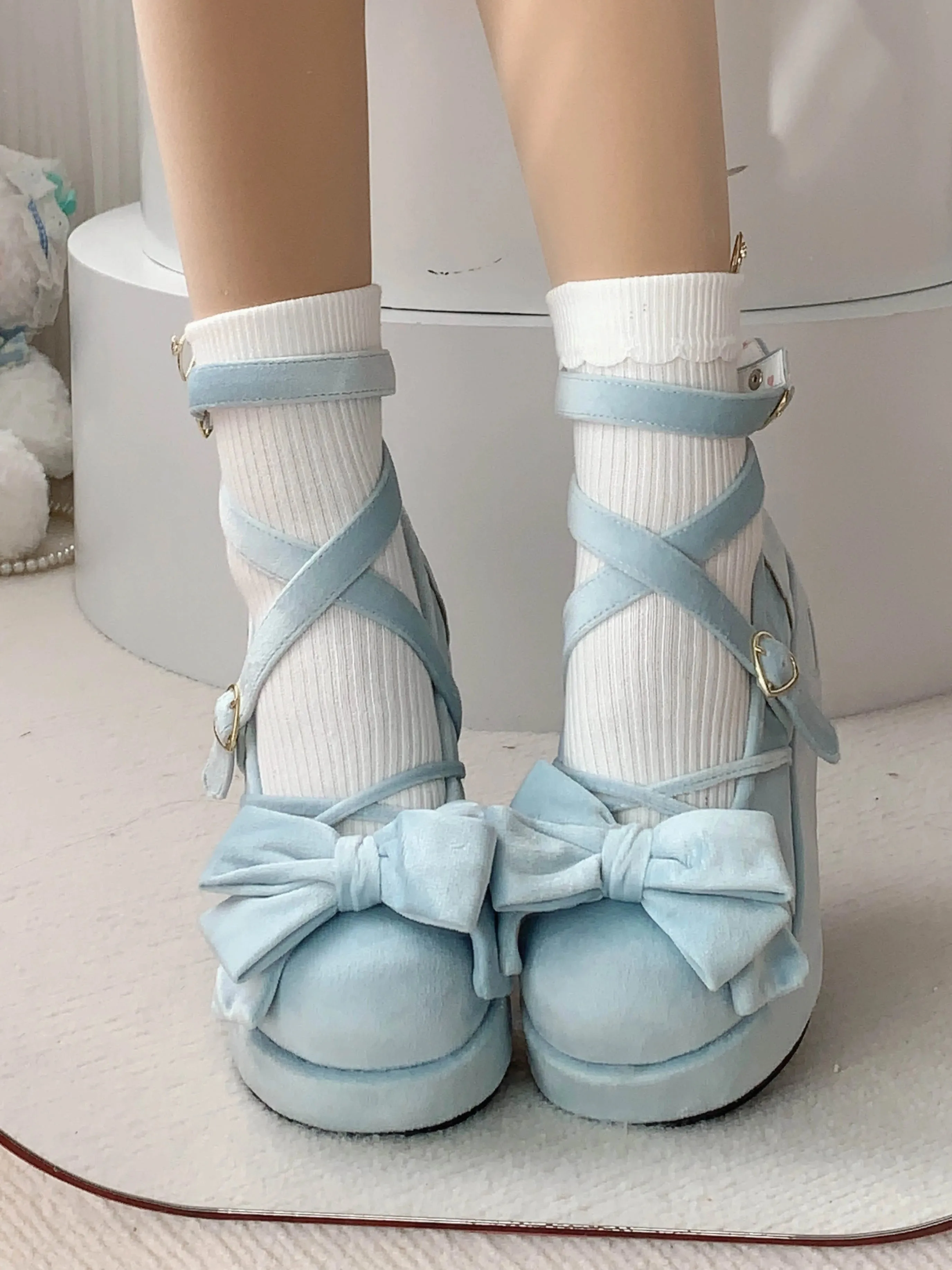 Sohiwoo 2024 New Spring Fall Women's Sweet Lolita Platform Shoes Japanese Style Bow Round Head Thick Bottom Pumps High Heels