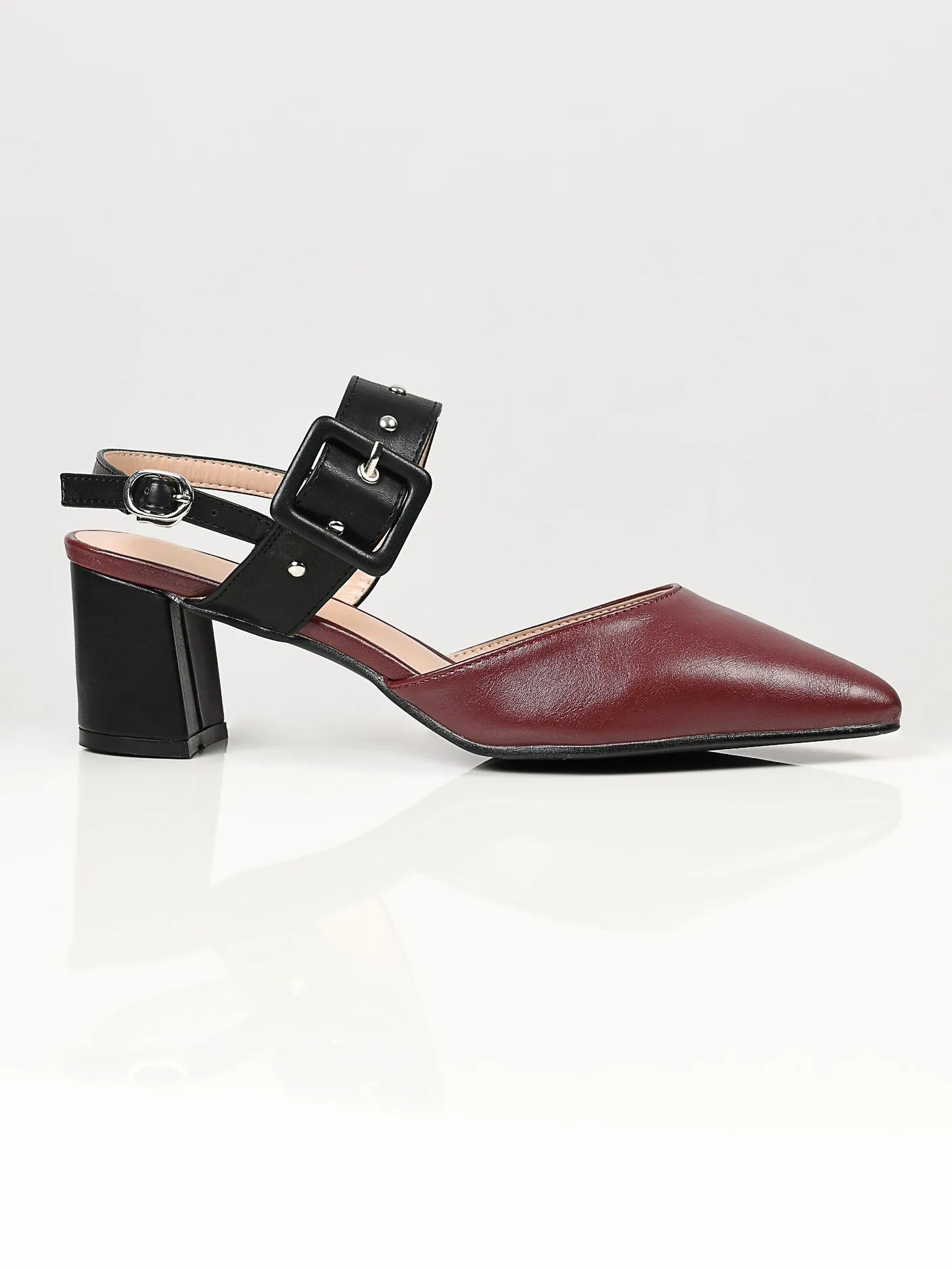 Studded Buckle Heels - Maroon