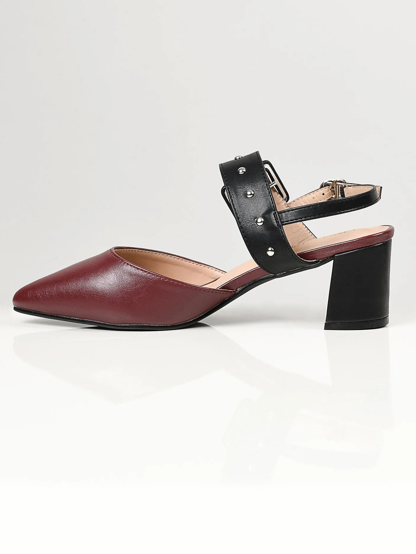 Studded Buckle Heels - Maroon
