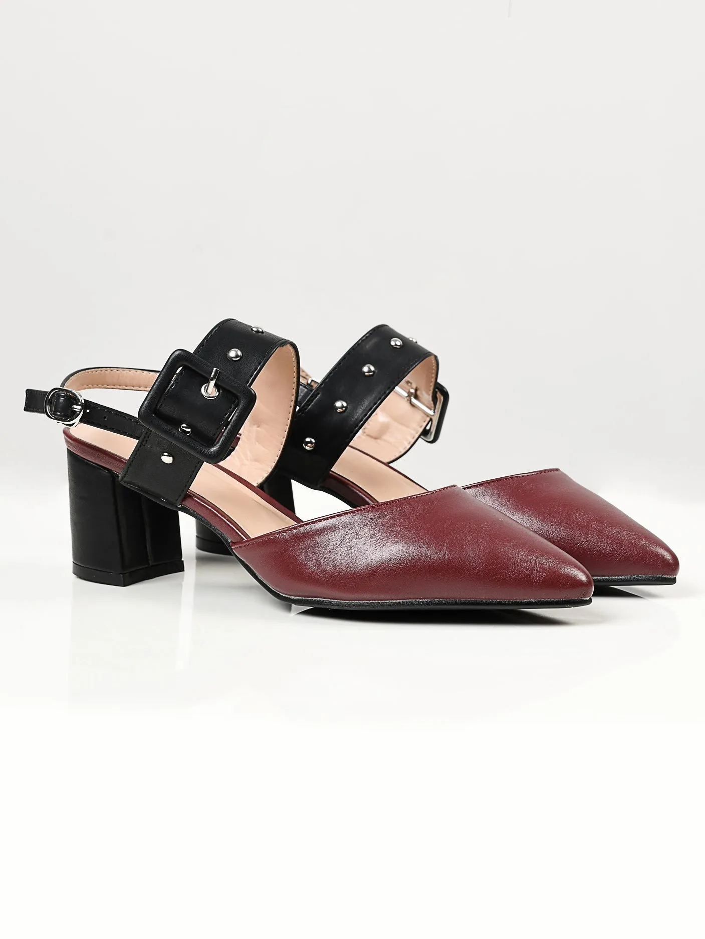 Studded Buckle Heels - Maroon
