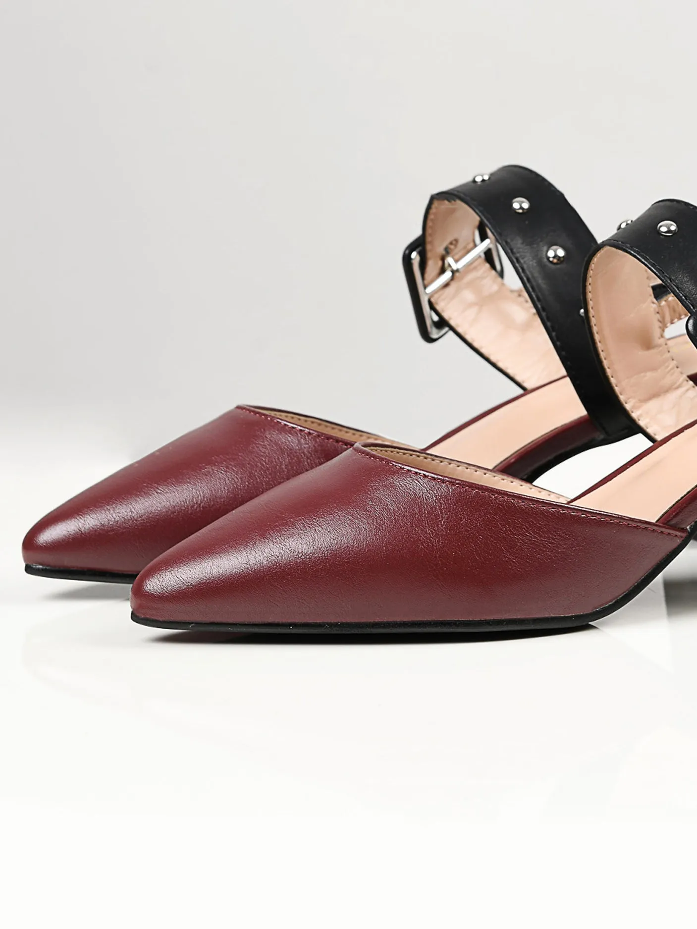 Studded Buckle Heels - Maroon