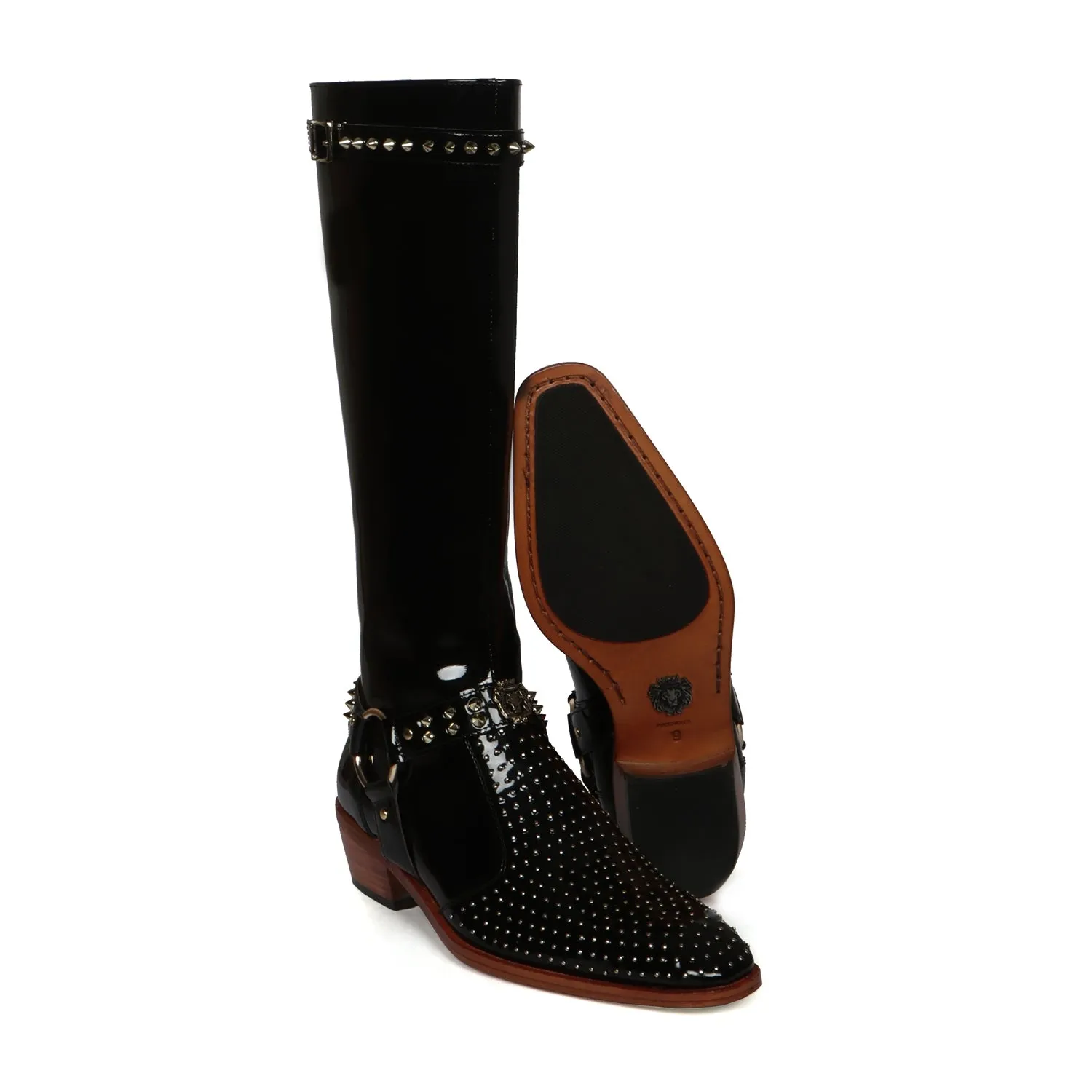 Studded Detailing Knee Hight Cuban Heel Boot in Black Patent Leather with Stylish Buckle Zipper Closure By Brune & Bareskin