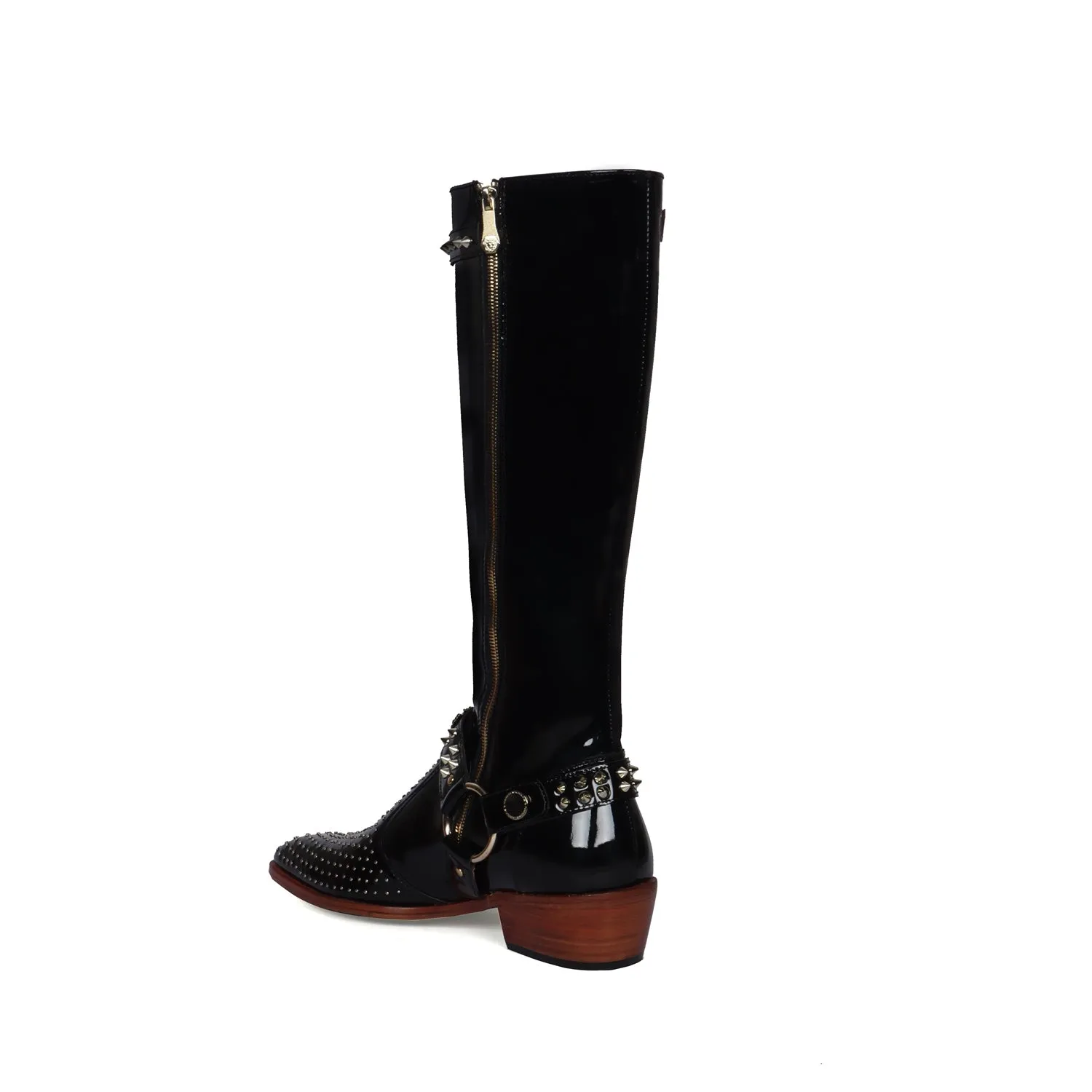 Studded Detailing Knee Hight Cuban Heel Boot in Black Patent Leather with Stylish Buckle Zipper Closure By Brune & Bareskin