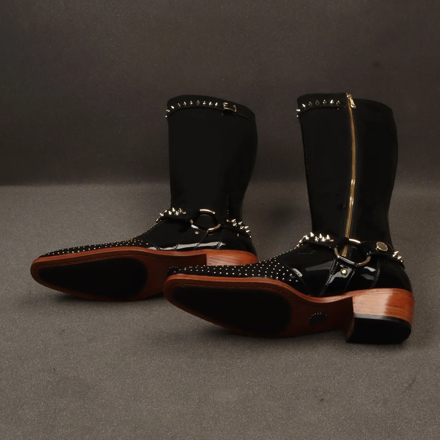 Studded Detailing Knee Hight Cuban Heel Boot in Black Patent Leather with Stylish Buckle Zipper Closure By Brune & Bareskin