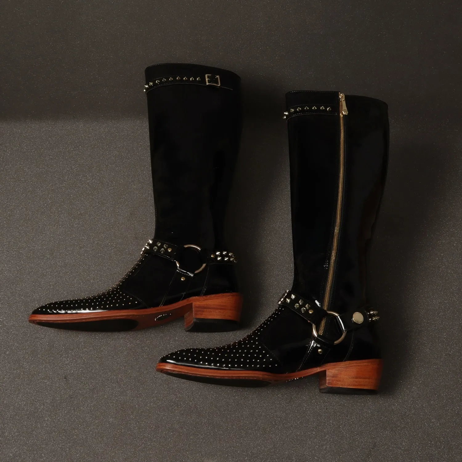 Studded Detailing Knee Hight Cuban Heel Boot in Black Patent Leather with Stylish Buckle Zipper Closure By Brune & Bareskin