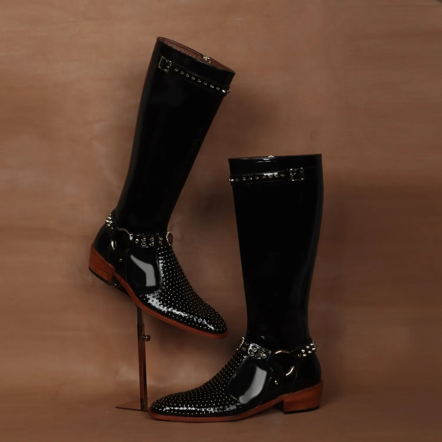 Studded Detailing Knee Hight Cuban Heel Boot in Black Patent Leather with Stylish Buckle Zipper Closure By Brune & Bareskin