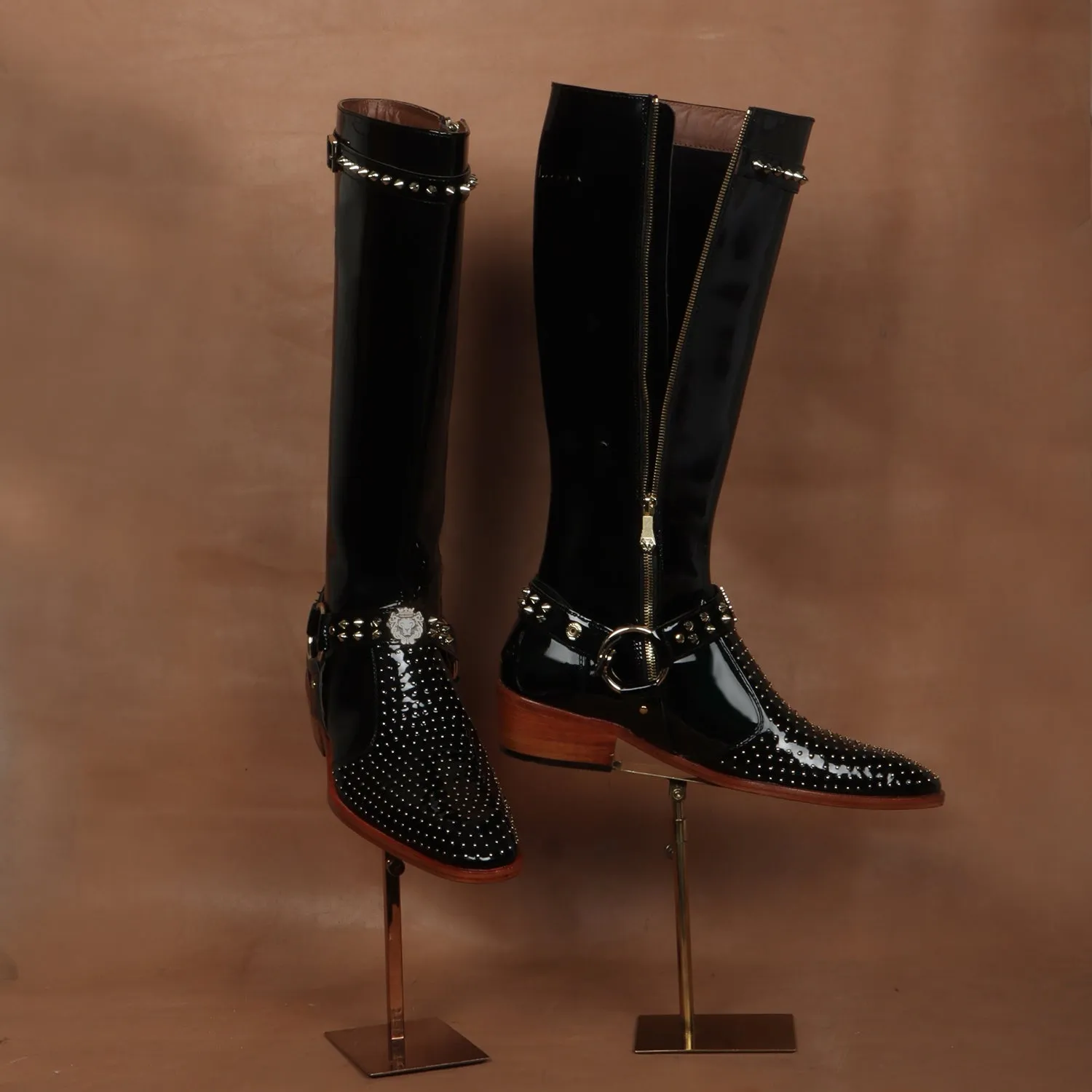 Studded Detailing Knee Hight Cuban Heel Boot in Black Patent Leather with Stylish Buckle Zipper Closure By Brune & Bareskin