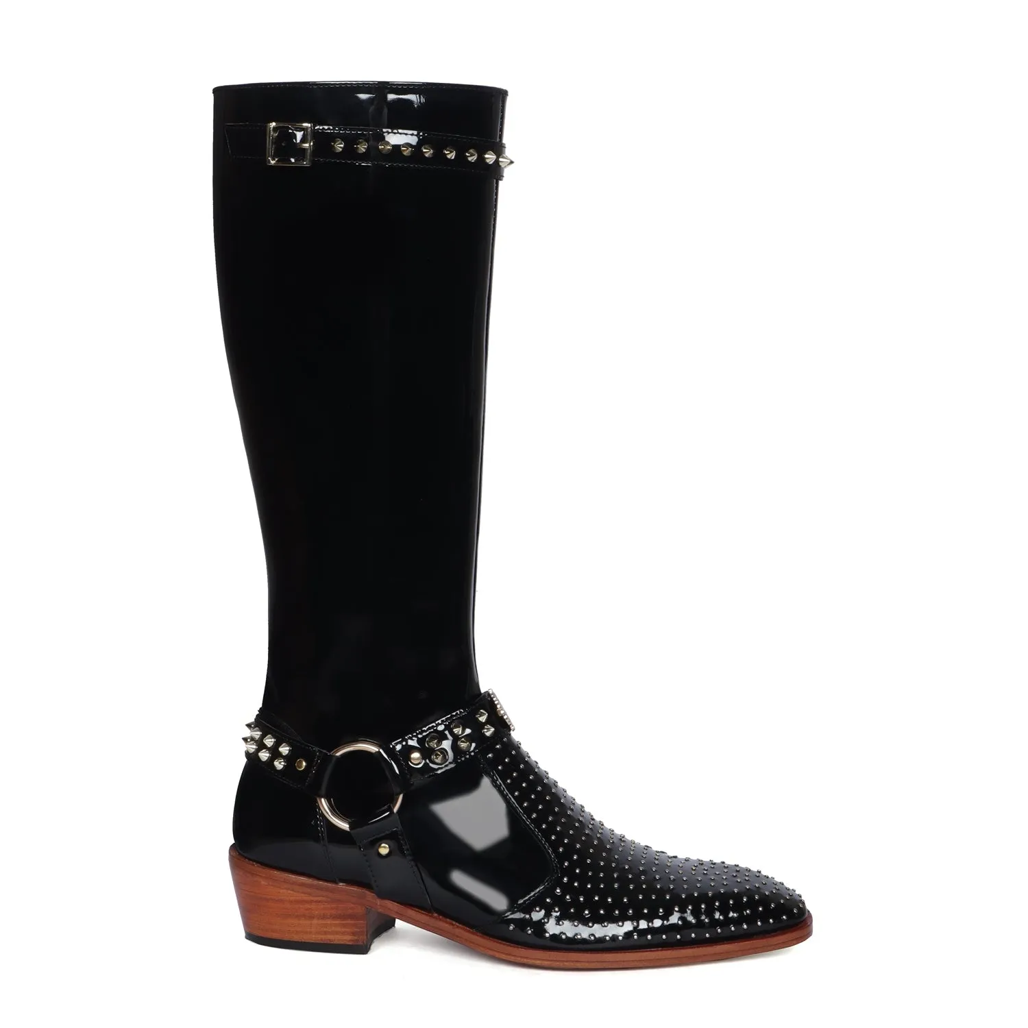 Studded Detailing Knee Hight Cuban Heel Boot in Black Patent Leather with Stylish Buckle Zipper Closure By Brune & Bareskin