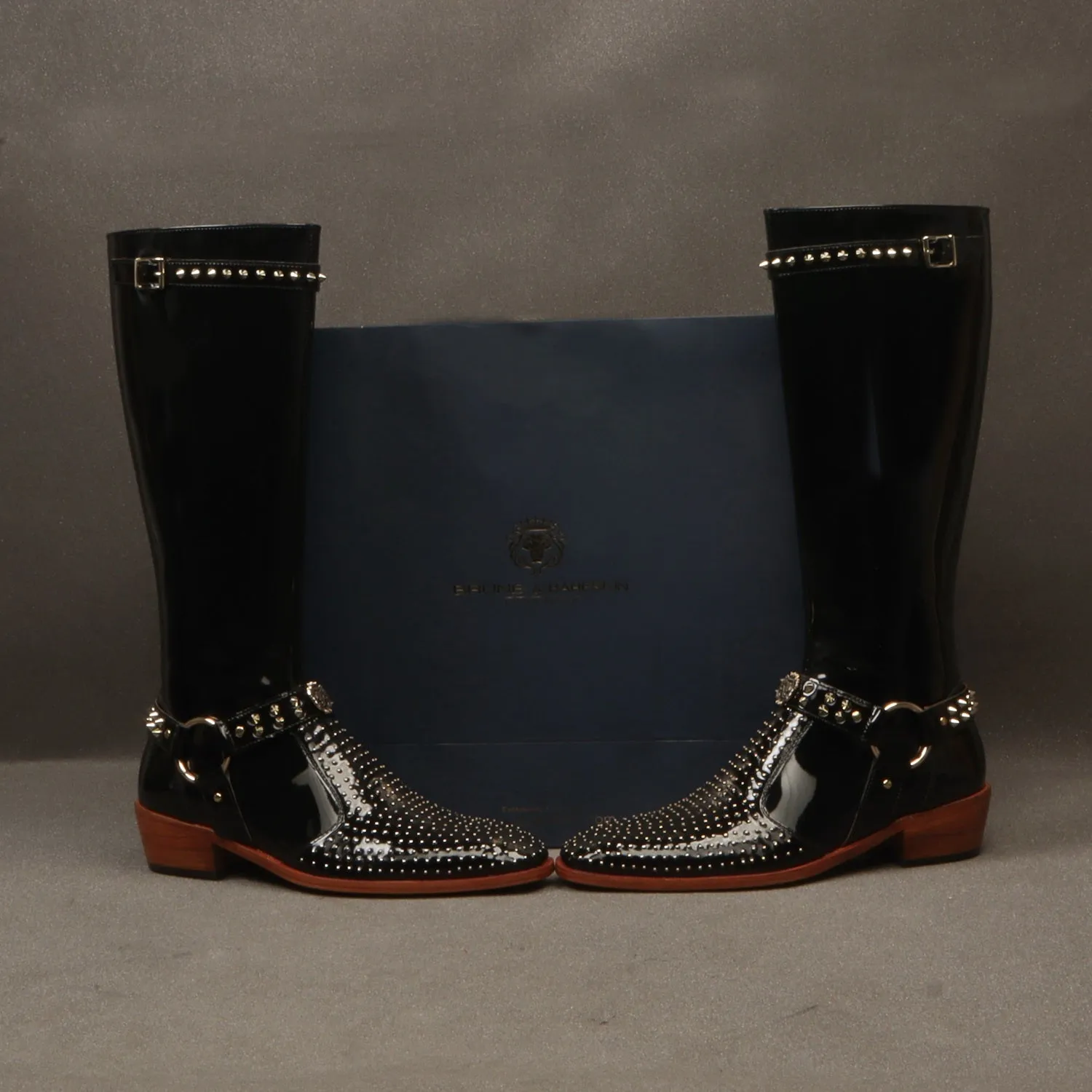 Studded Detailing Knee Hight Cuban Heel Boot in Black Patent Leather with Stylish Buckle Zipper Closure By Brune & Bareskin