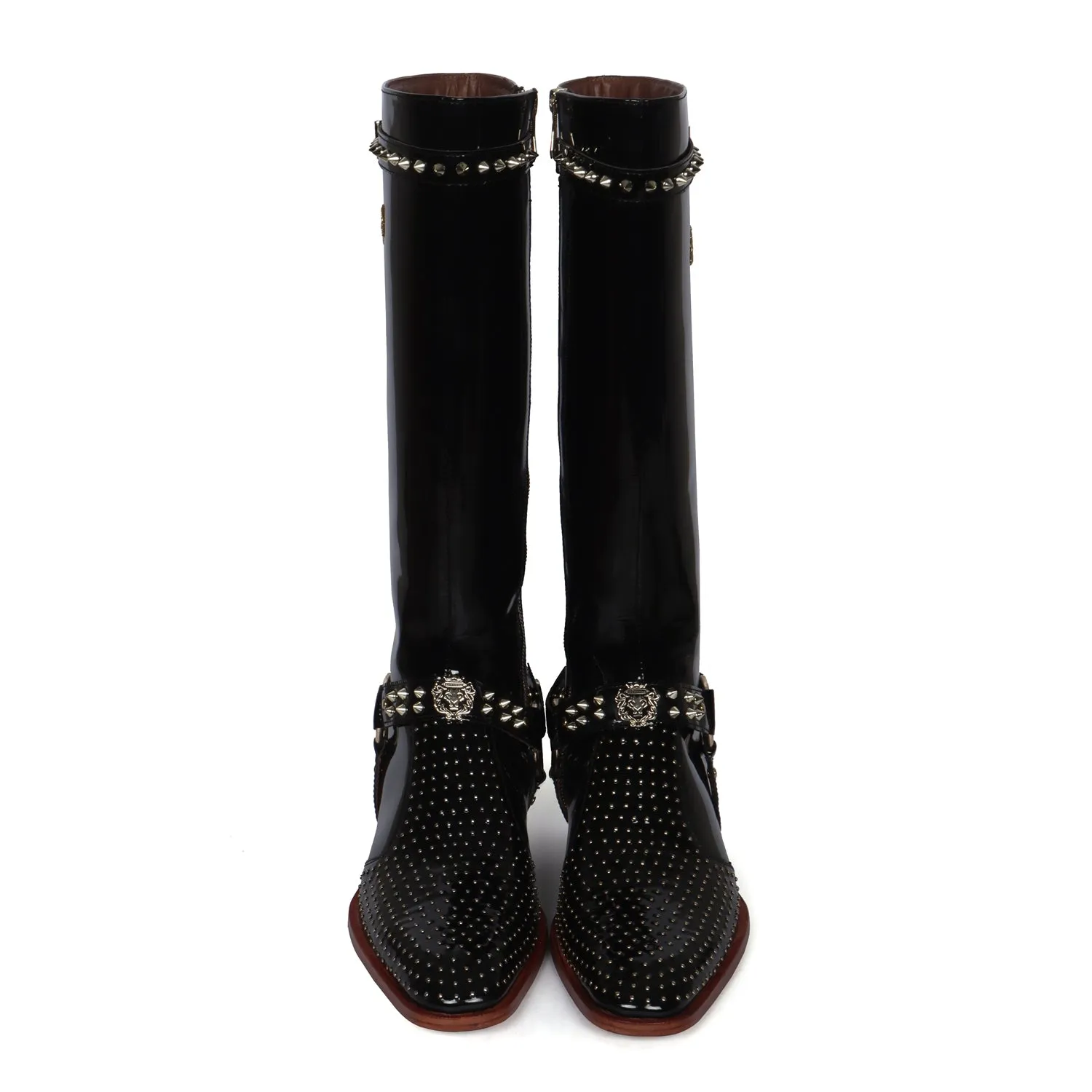 Studded Detailing Knee Hight Cuban Heel Boot in Black Patent Leather with Stylish Buckle Zipper Closure By Brune & Bareskin