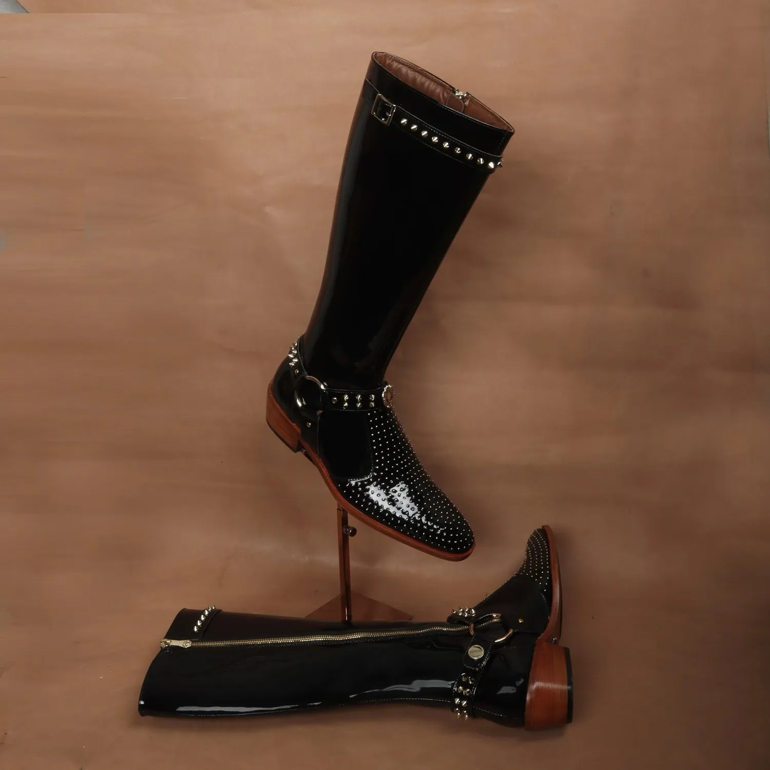 Studded Detailing Knee Hight Cuban Heel Boot in Black Patent Leather with Stylish Buckle Zipper Closure By Brune & Bareskin