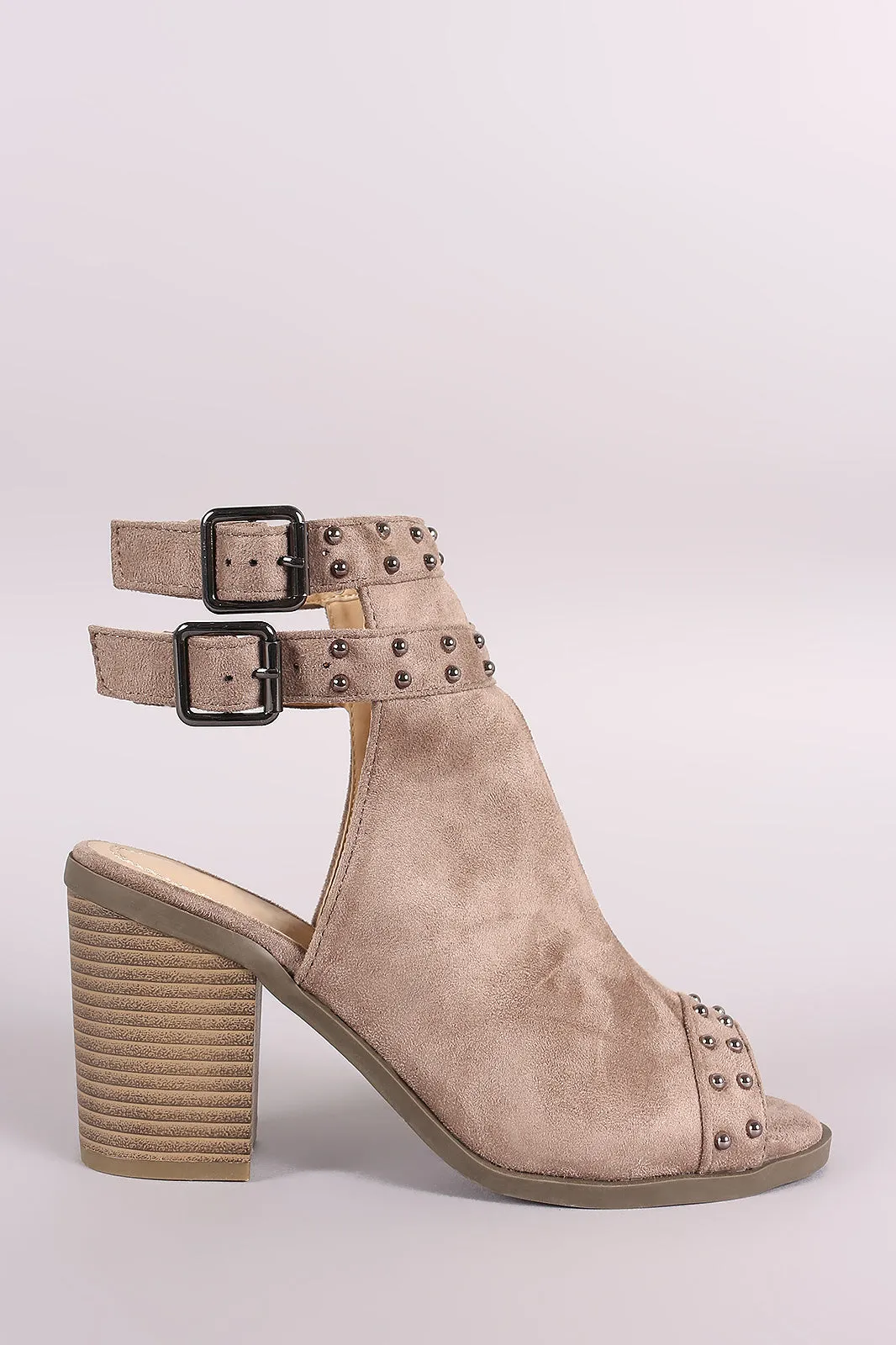 Suede Studded Open Toe Chunky Heeled Mules